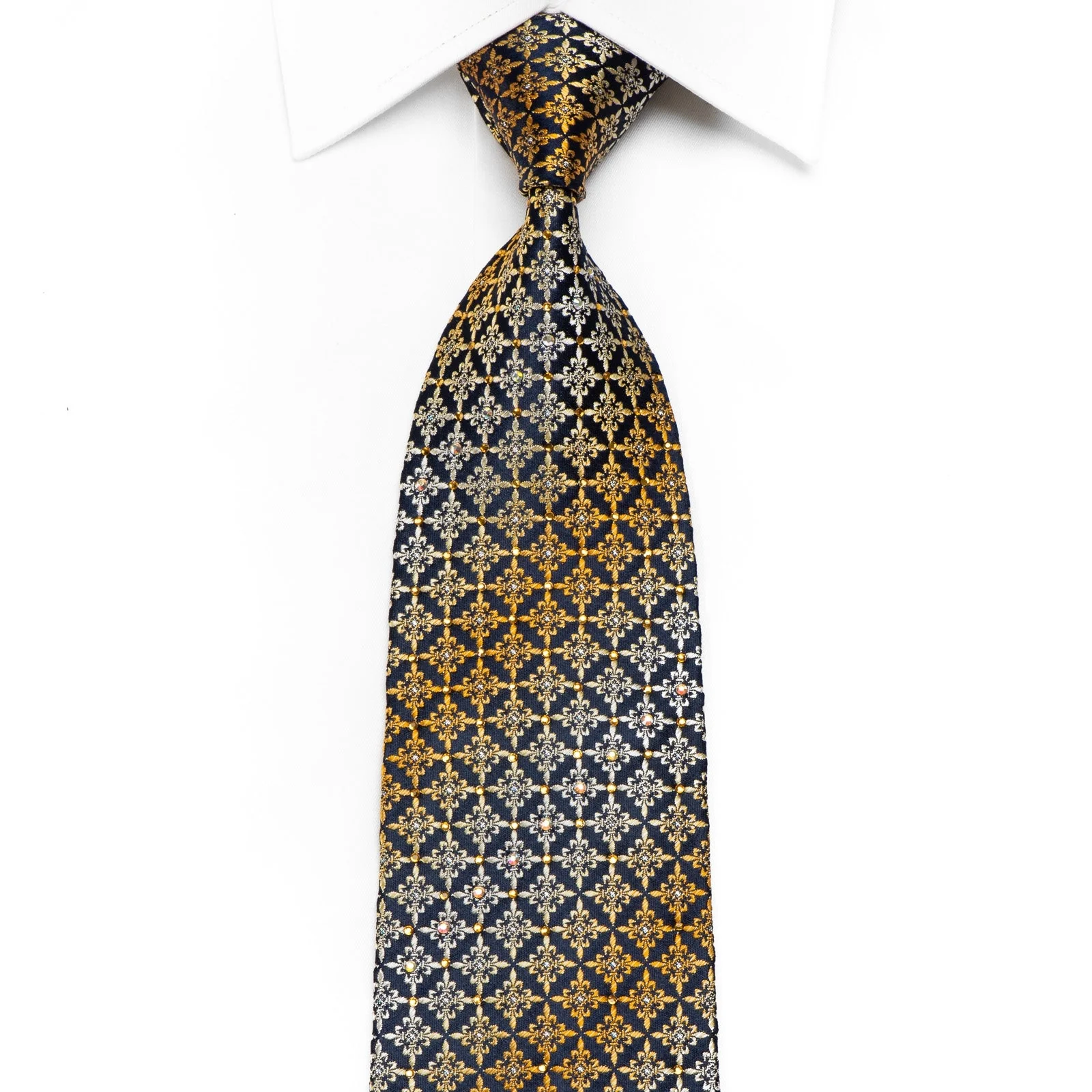 Renoma Men's Crystal Silk Necktie Fleur-de-lis Cartouche On Navy With Silver Sparkles