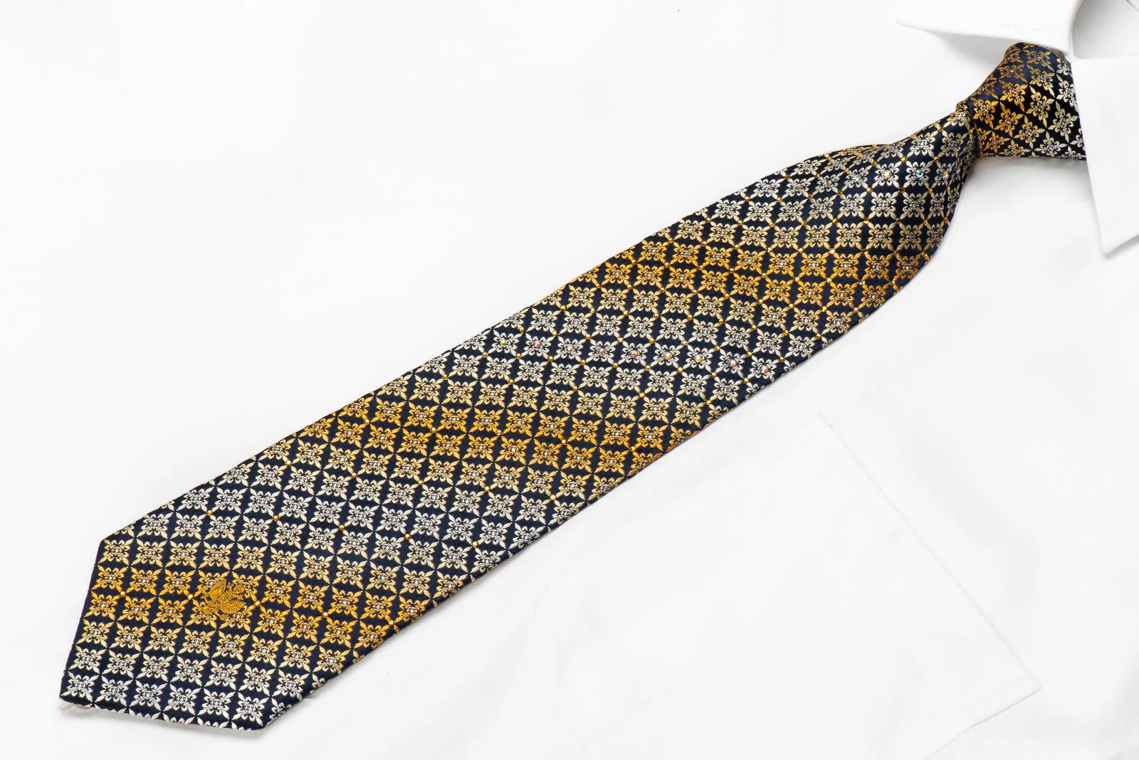 Renoma Men's Crystal Silk Necktie Fleur-de-lis Cartouche On Navy With Silver Sparkles - Image 2