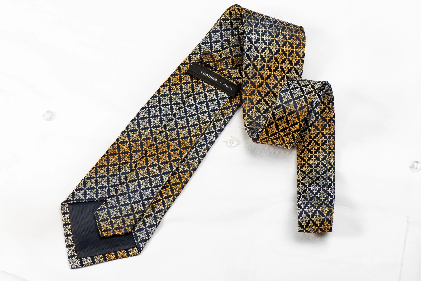 Renoma Men's Crystal Silk Necktie Fleur-de-lis Cartouche On Navy With Silver Sparkles - Image 3