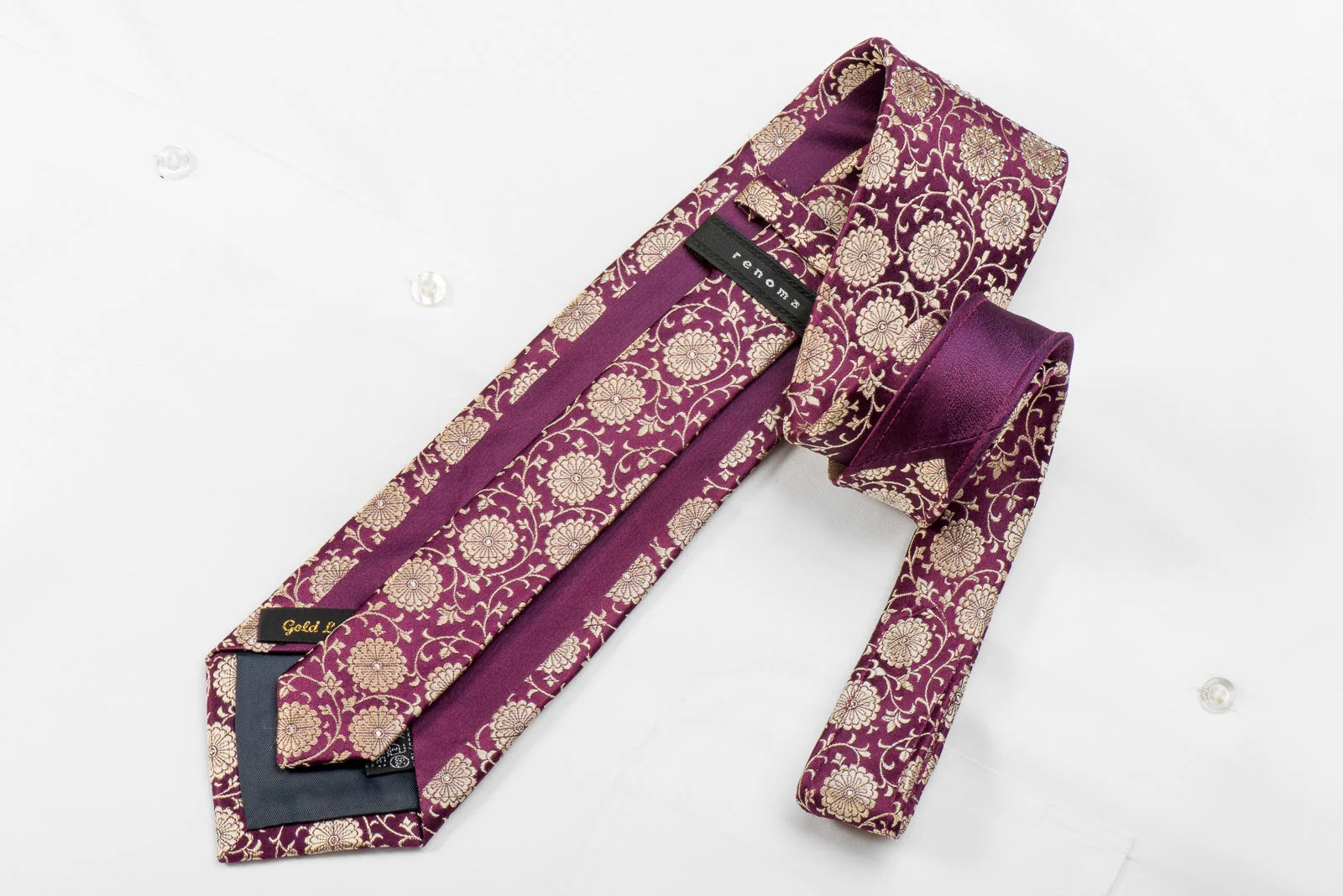Renoma Men's Crystal Silk Necktie Gold Floral On Burgundy With Sparkles - Image 4
