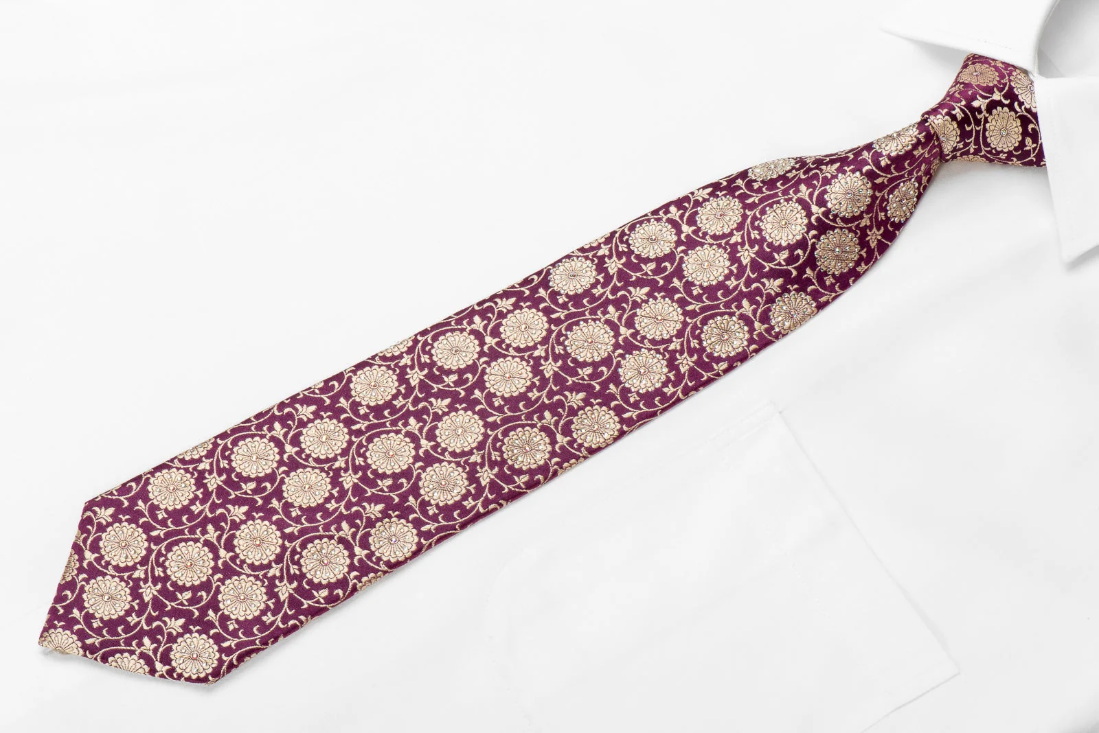 Renoma Men's Crystal Silk Necktie Gold Floral On Burgundy With Sparkles - Image 5