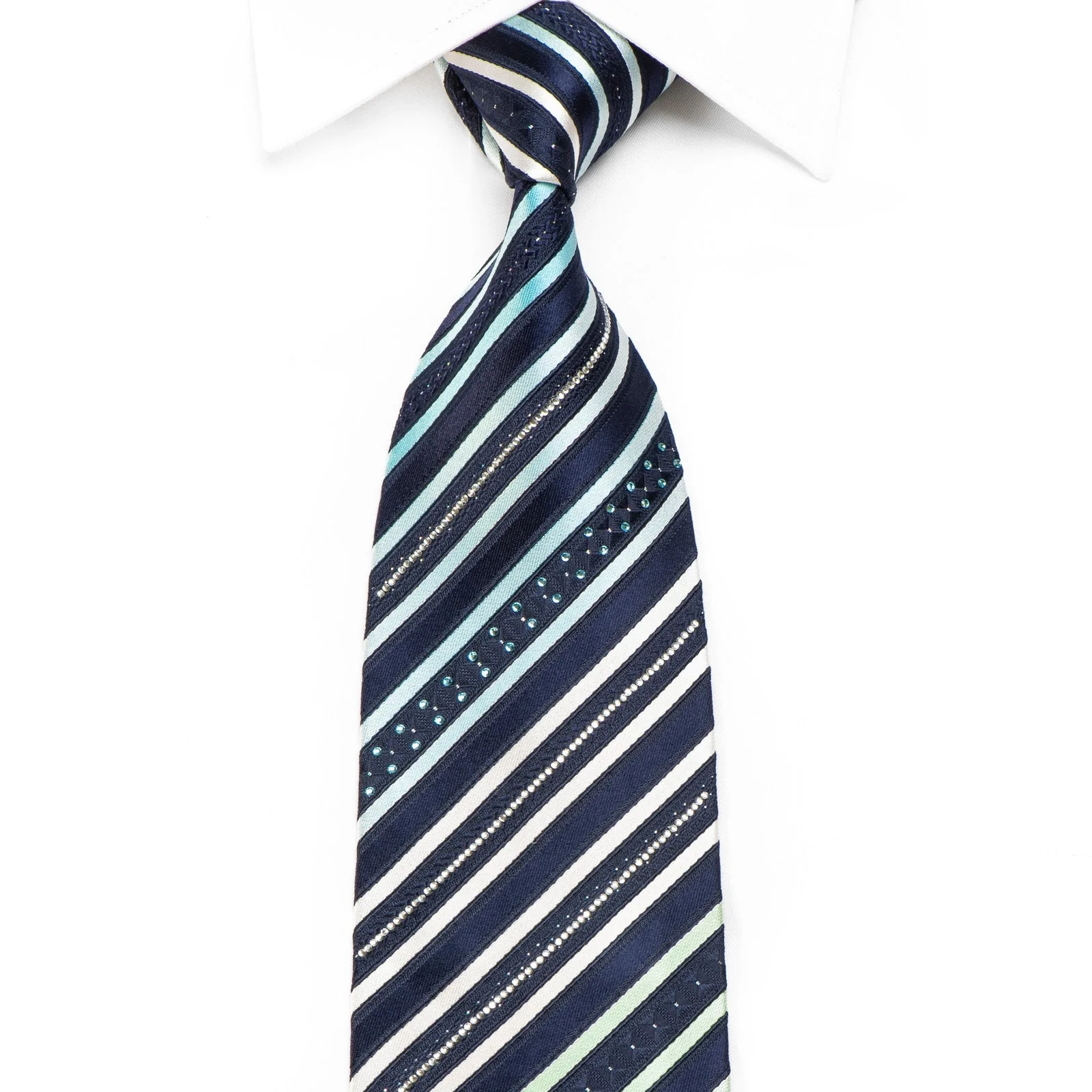 Renoma Men's Crystal Silk Necktie Green Silver Blue Striped On Navy With Silver Sparkles