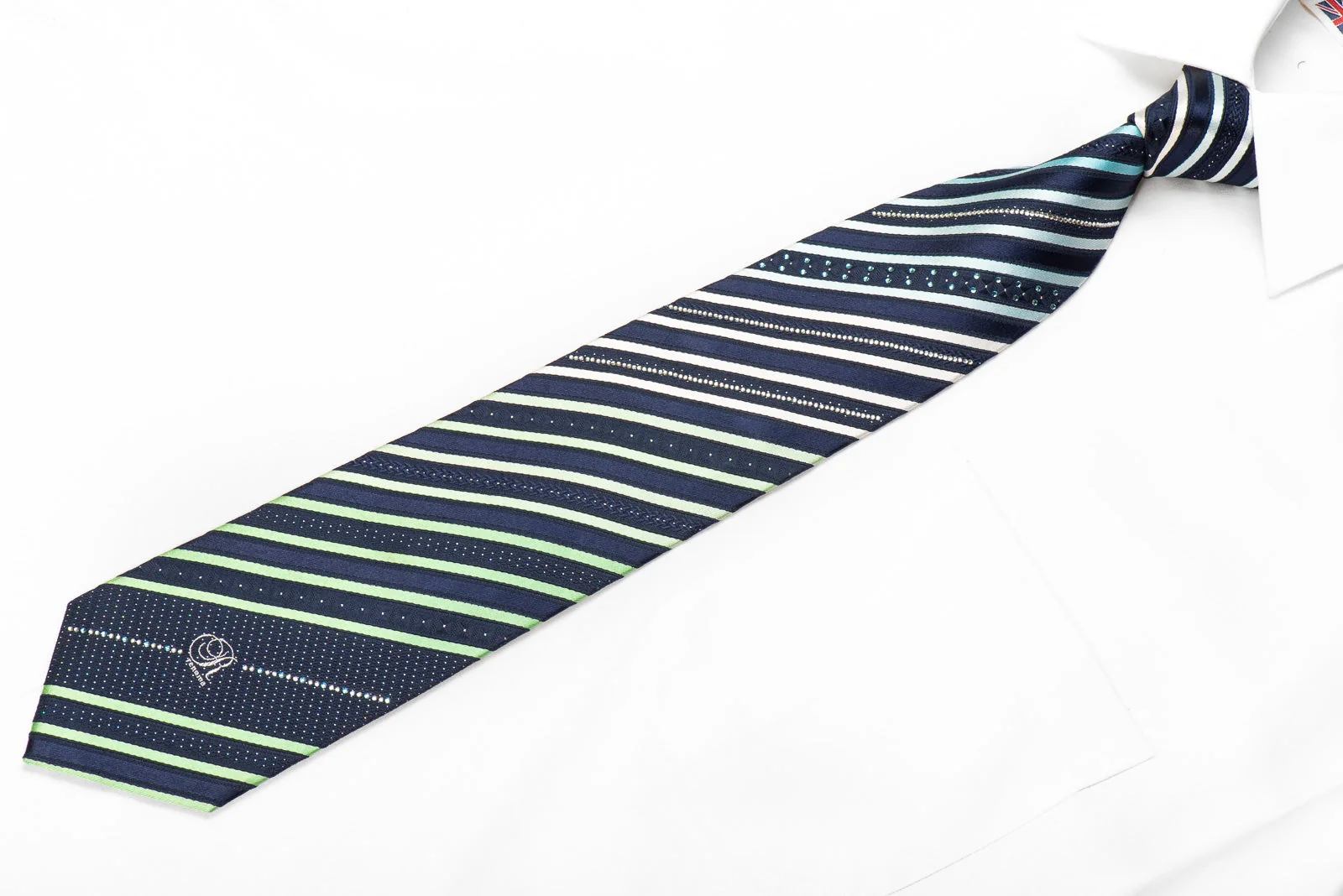 Renoma Men's Crystal Silk Necktie Green Silver Blue Striped On Navy With Silver Sparkles - Image 2