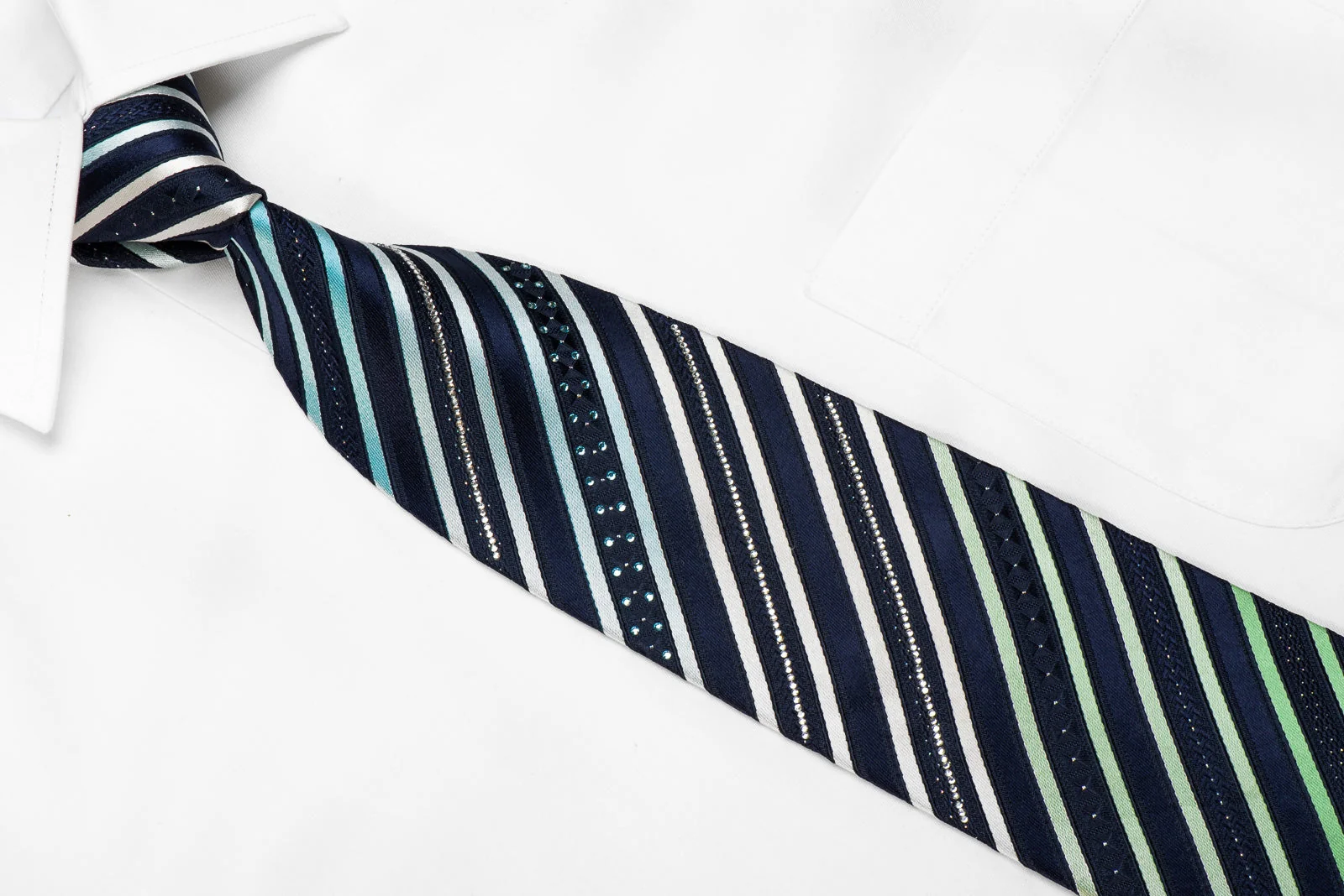 Renoma Men's Crystal Silk Necktie Green Silver Blue Striped On Navy With Silver Sparkles - Image 3