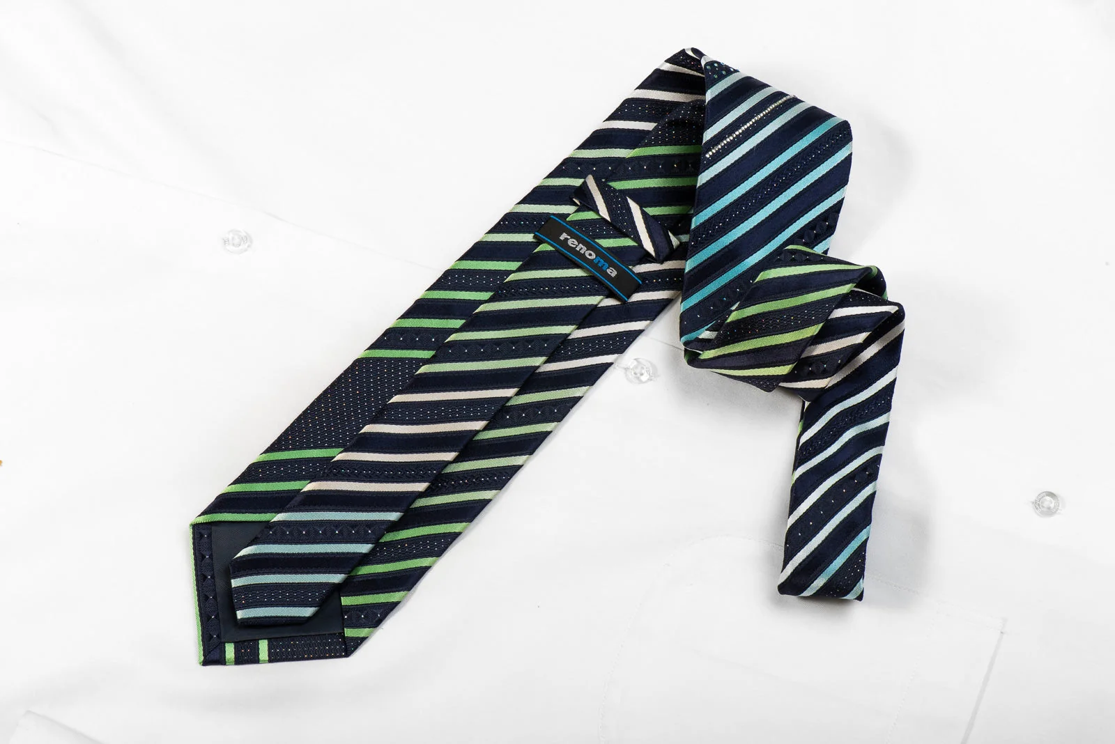 Renoma Men's Crystal Silk Necktie Green Silver Blue Striped On Navy With Silver Sparkles - Image 4