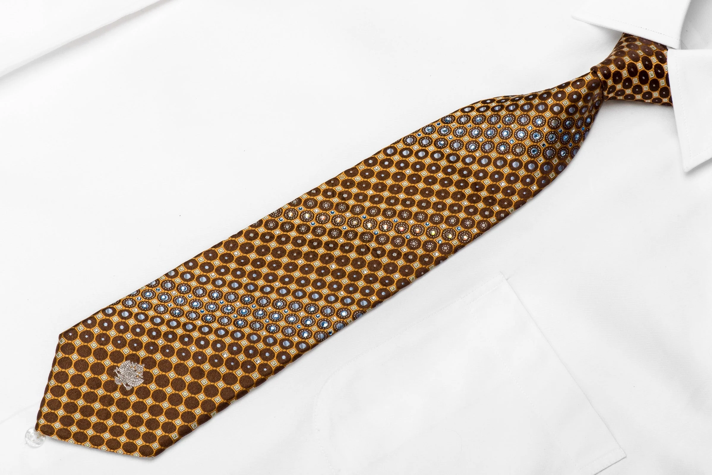 Renoma Men's Crystal Silk Necktie Orange Circles On Brown With Silver Sparkles - Image 2