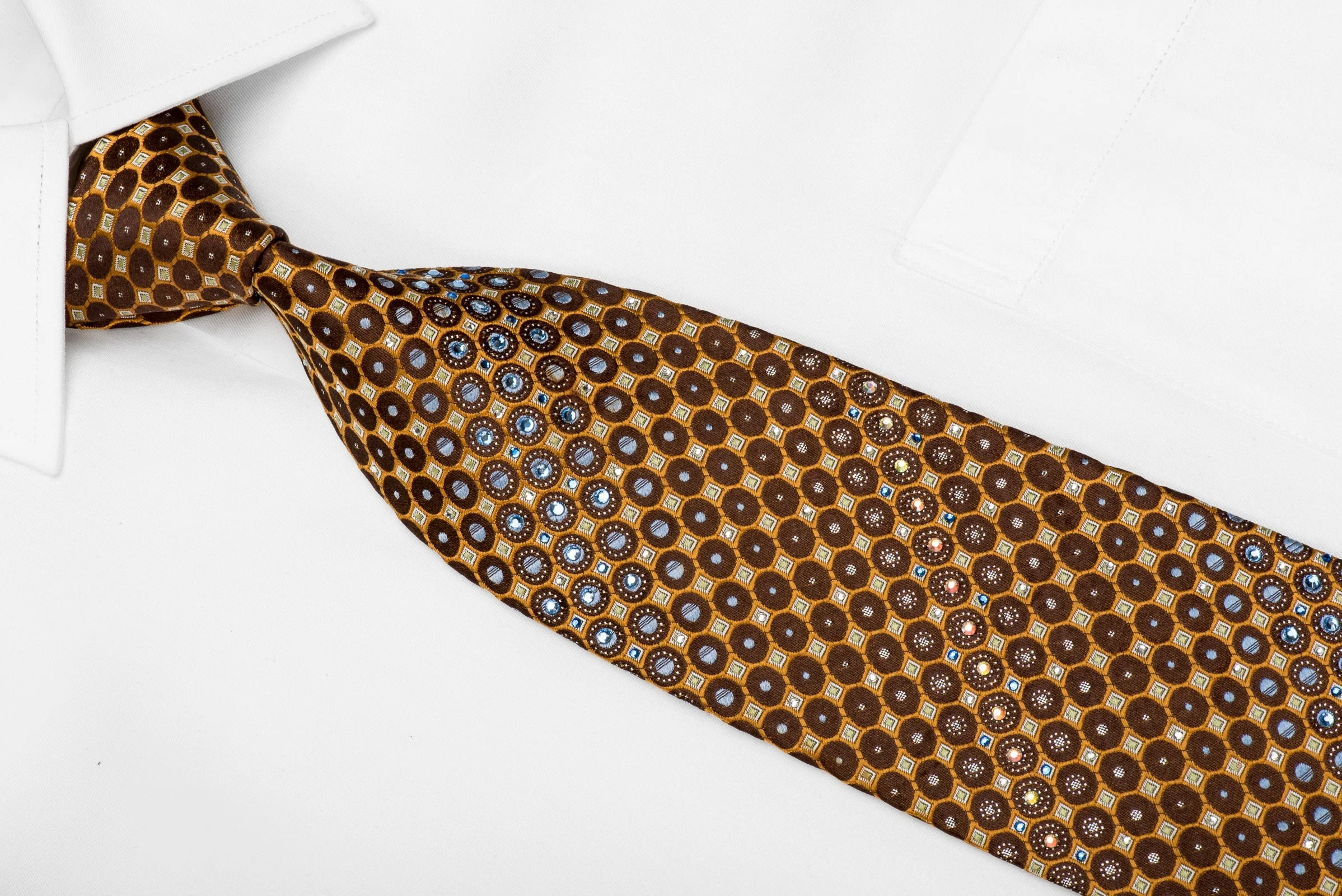 Renoma Men's Crystal Silk Necktie Orange Circles On Brown With Silver Sparkles - Image 3