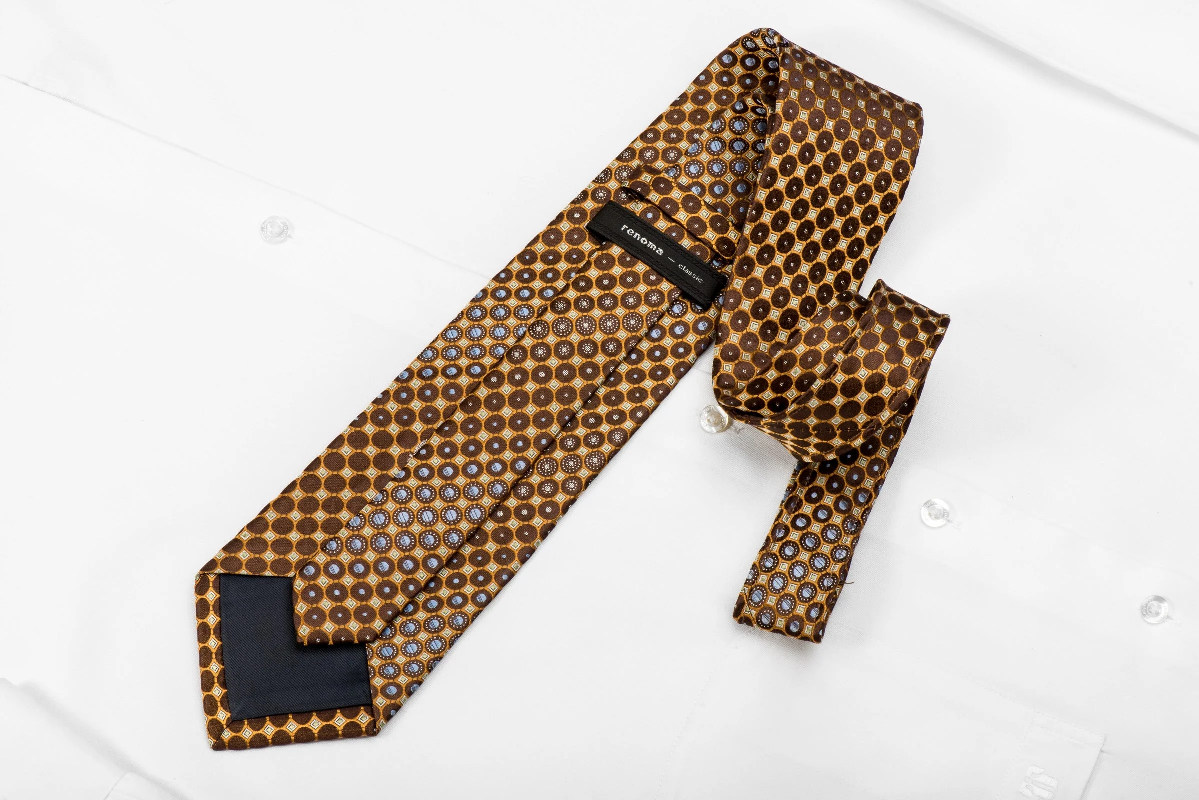 Renoma Men's Crystal Silk Necktie Orange Circles On Brown With Silver Sparkles - Image 4