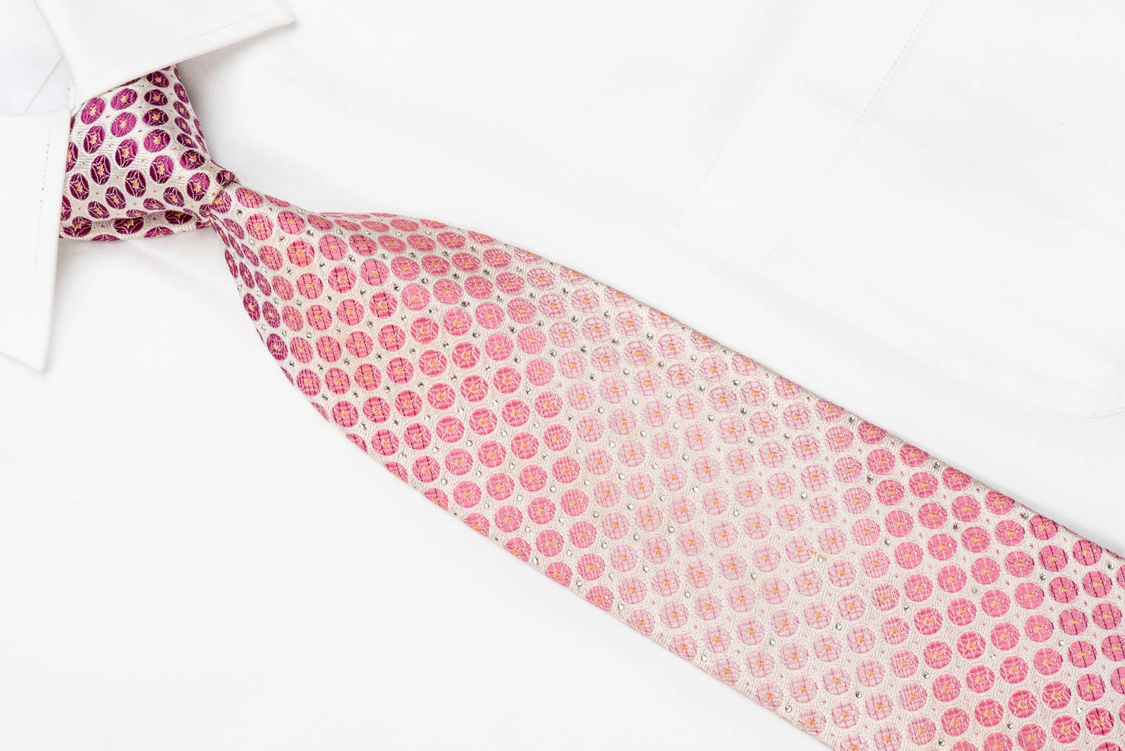Renoma Men's Crystal Silk Necktie Pink Dots On White With Pink Sparkles - Image 2