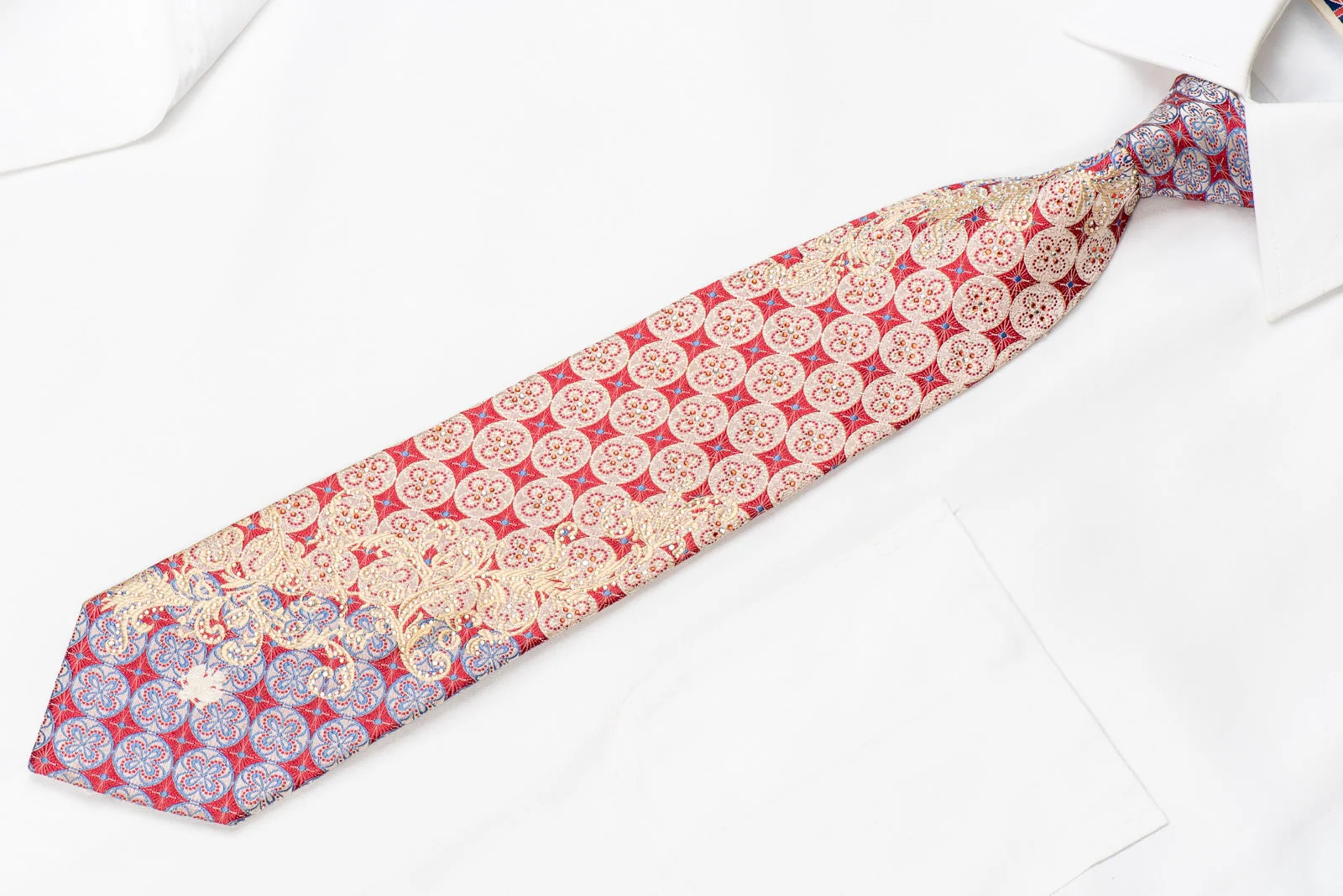 Renoma Men's Crystal Silk Necktie Pink Geometric On Silver With Silver Sparkles - Image 4