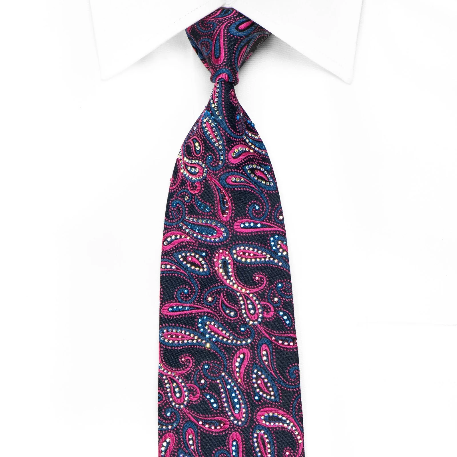 Renoma Men's Crystal Silk Necktie Pink Paisley On Navy Sparkling With Rhinestones