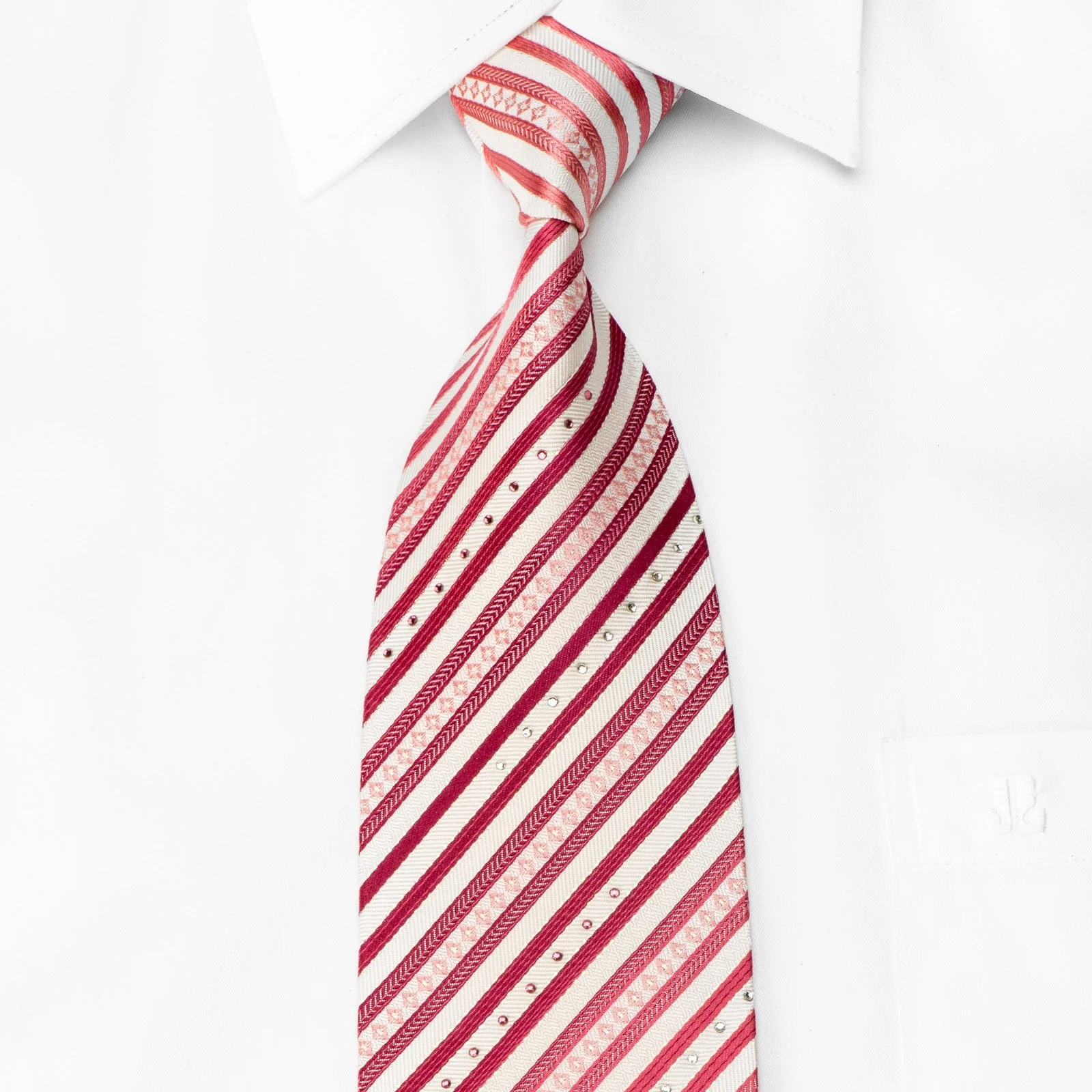 Renoma Men's Crystal Silk Necktie Pink Striped On White With Silver Sparkles