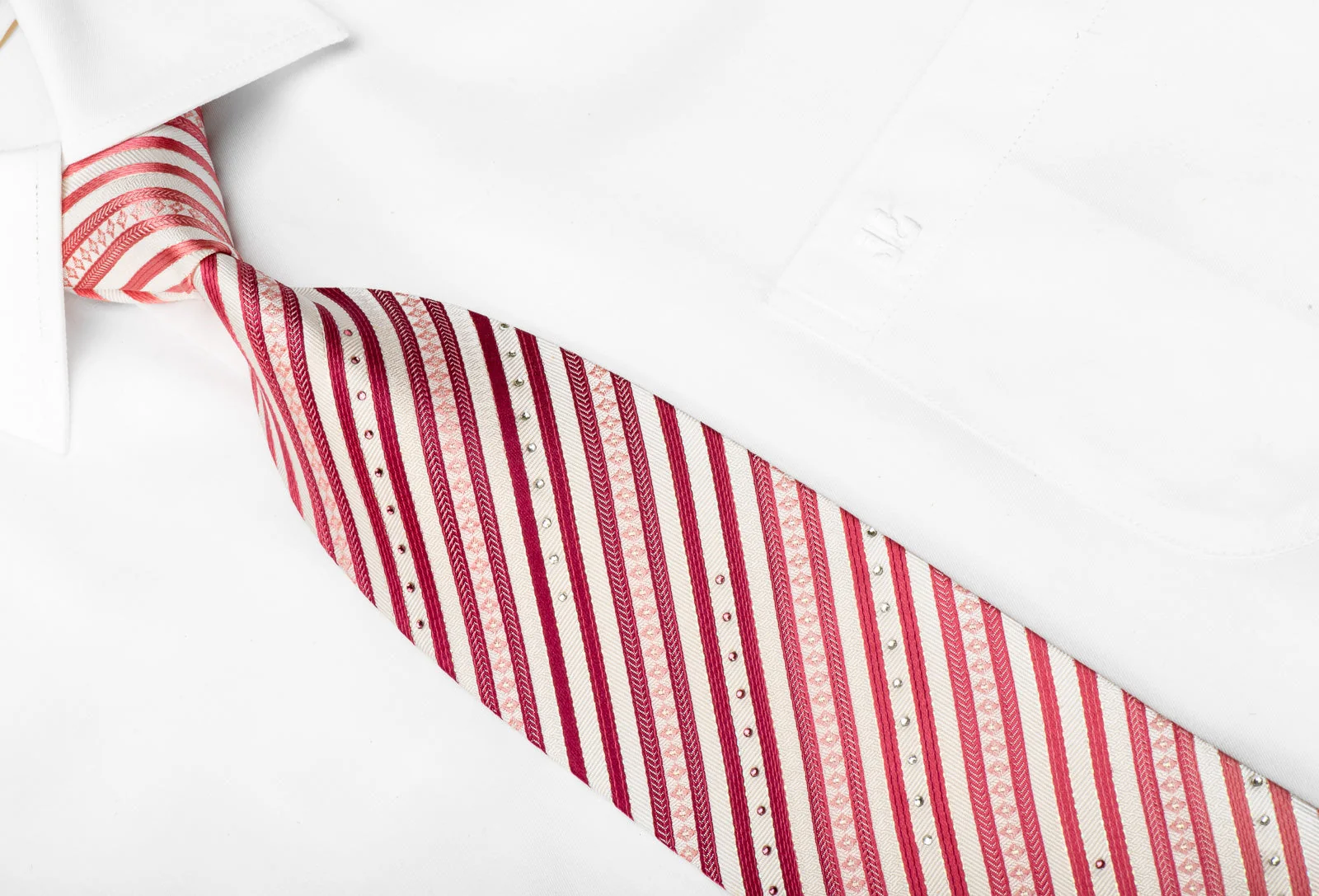 Renoma Men's Crystal Silk Necktie Pink Striped On White With Silver Sparkles - Image 3