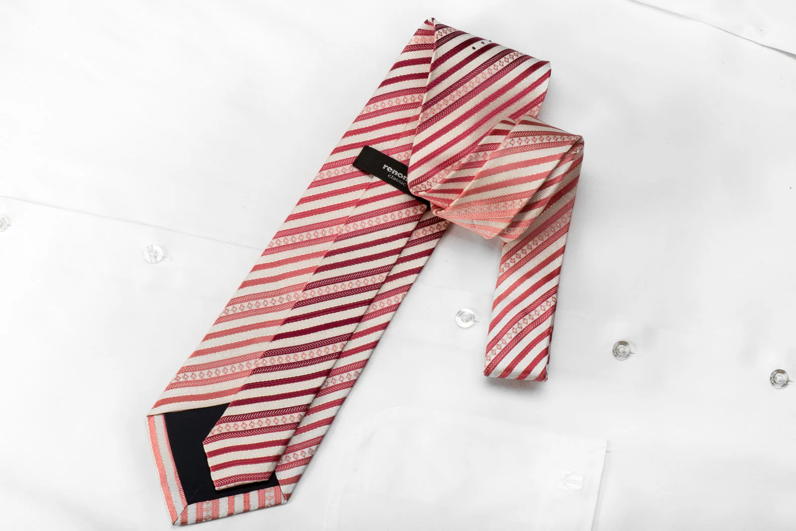 Renoma Men's Crystal Silk Necktie Pink Striped On White With Silver Sparkles - Image 4