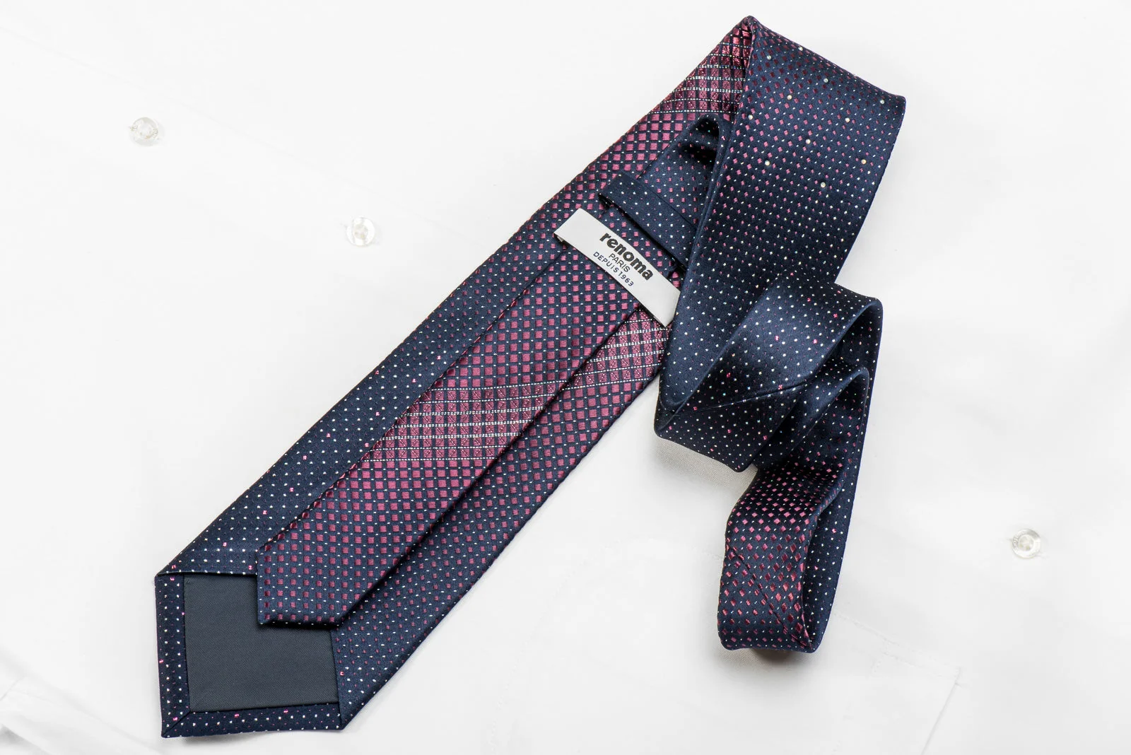 Renoma Men's Crystal Silk Necktie Purple Geometric On Navy With Purple Sparkles - Image 5