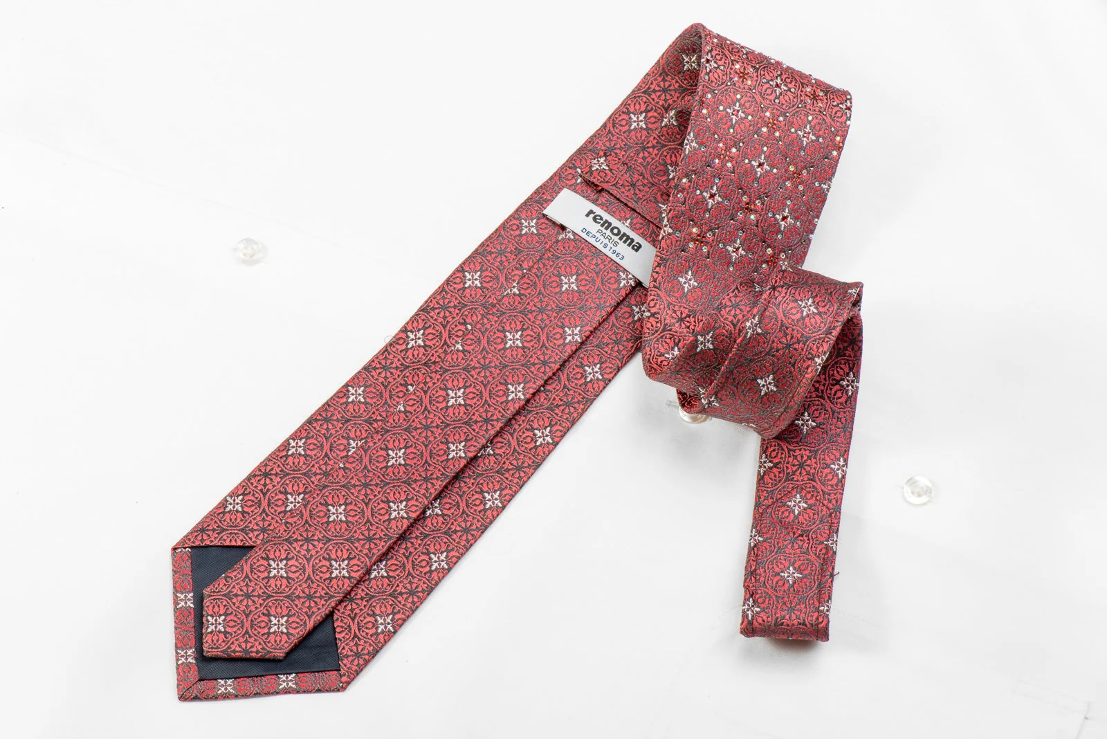 Renoma Men's Crystal Silk Necktie Silver Cartouche On Pink With Silver Sparkles - Image 5