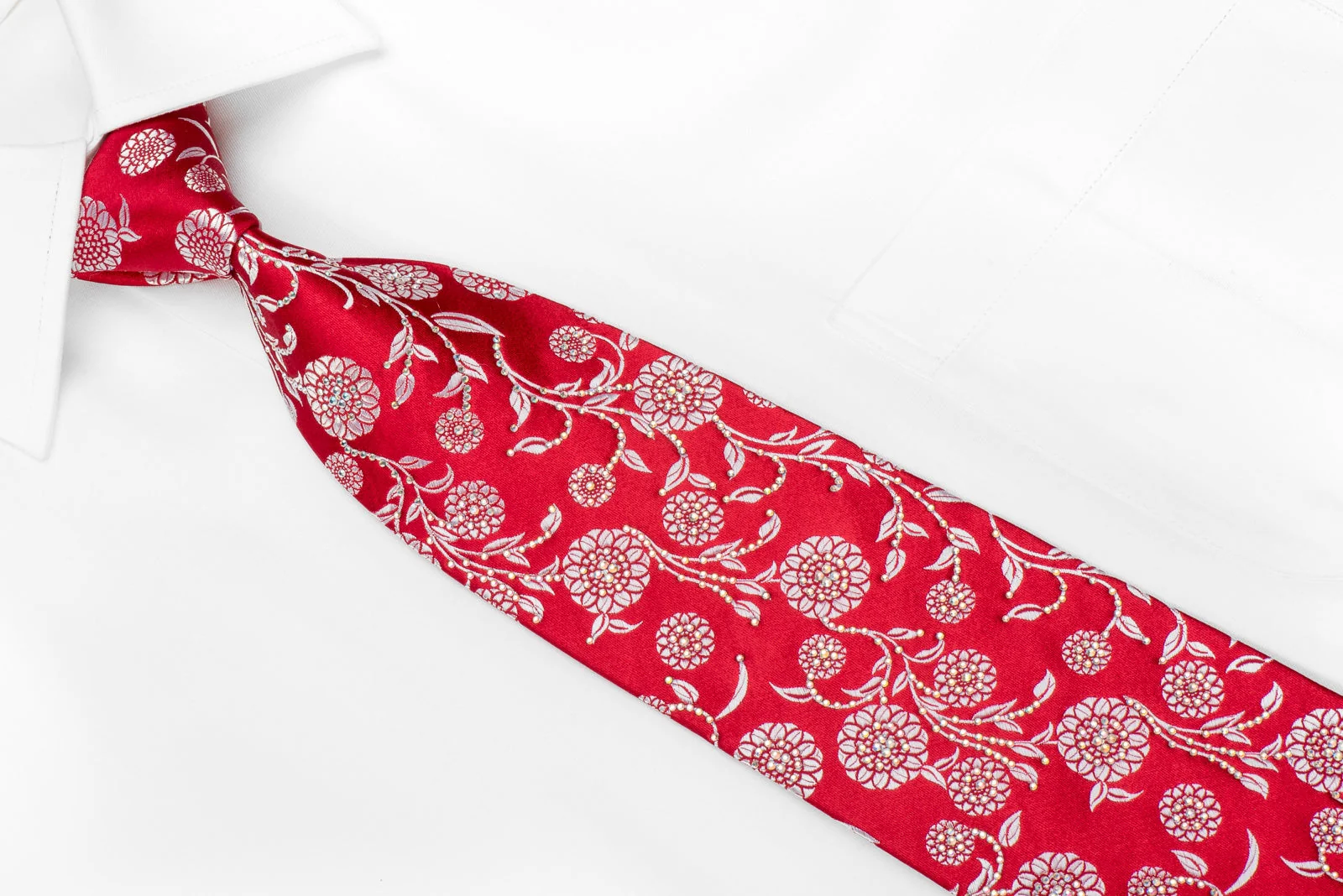 Renoma Men's Crystal Silk Necktie Silver Floral On Red Sparkling With Rhinestones - Image 2