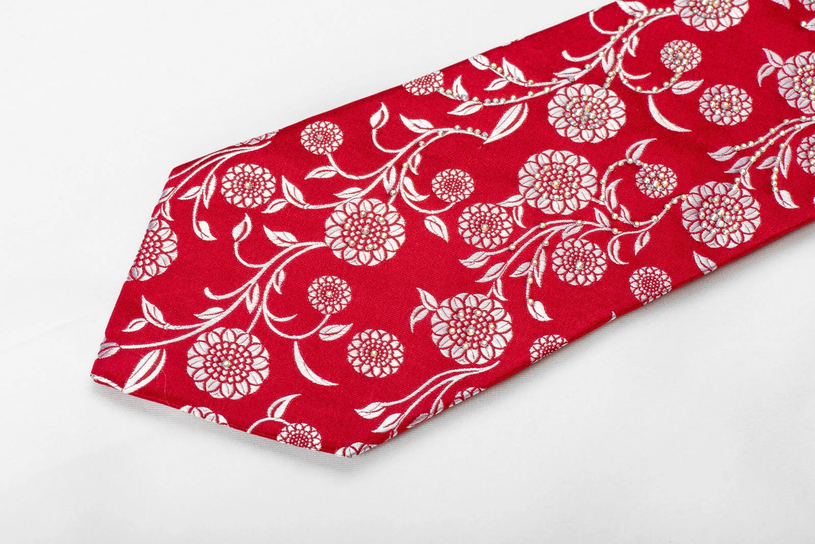 Renoma Men's Crystal Silk Necktie Silver Floral On Red Sparkling With Rhinestones - Image 3