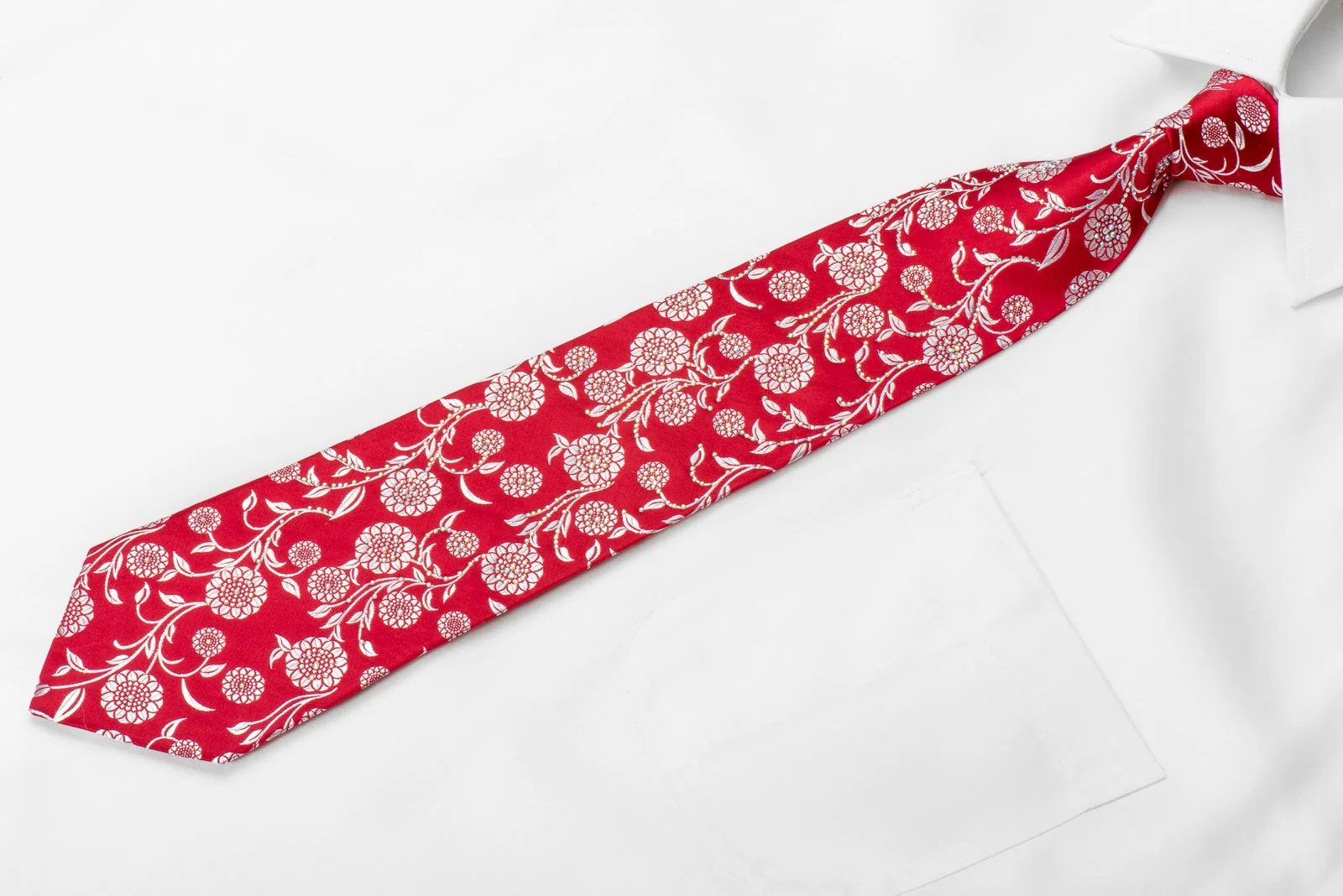 Renoma Men's Crystal Silk Necktie Silver Floral On Red Sparkling With Rhinestones - Image 4
