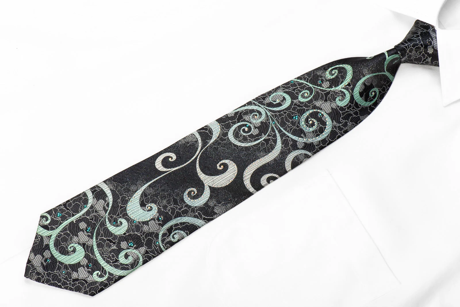 Renoma Men's Crystal Silk Necktie Silver Green Scrolls On Black With Silver Sparkles - Image 4