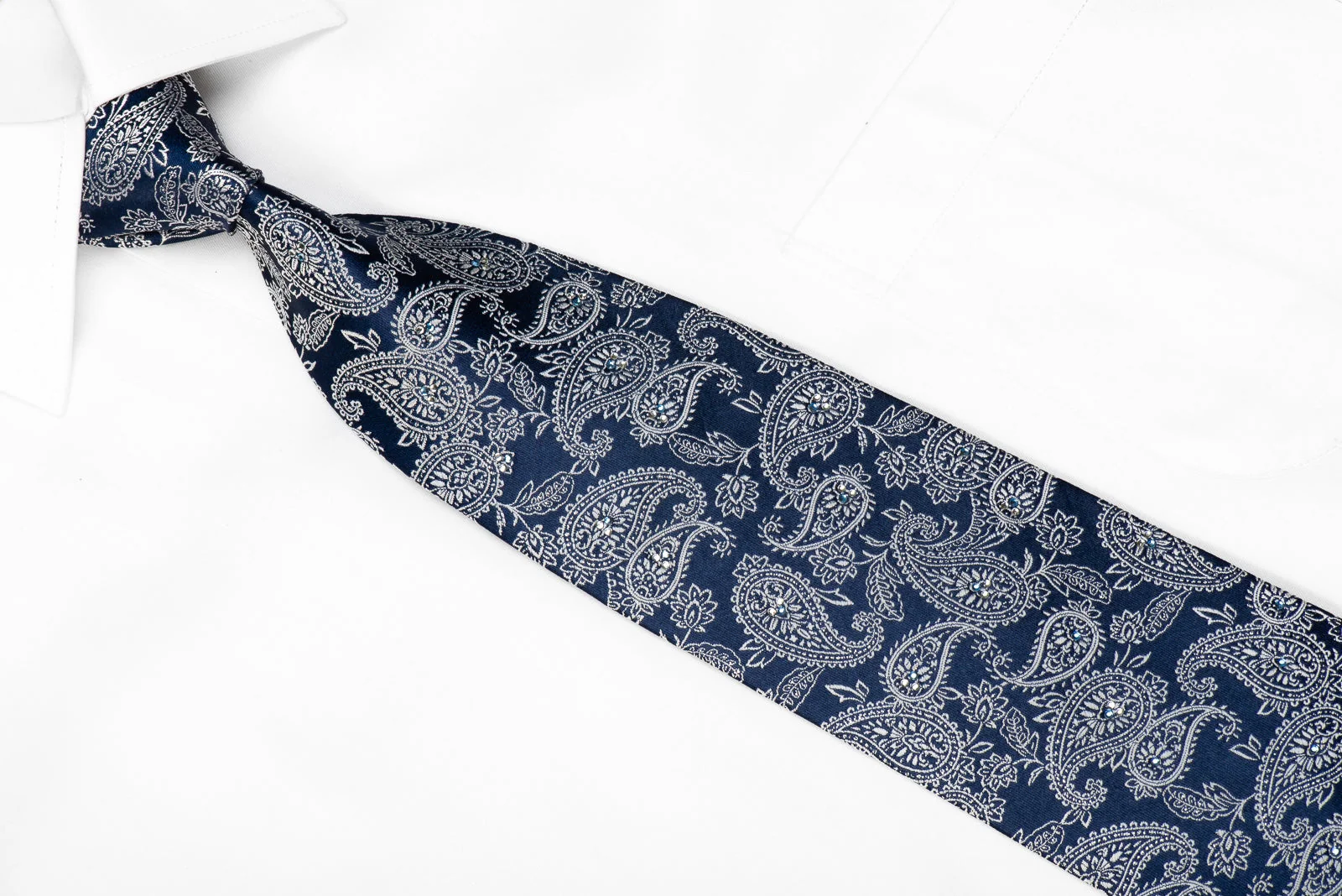 Renoma Men's Crystal Silk Necktie Silver Paisley On Blue With Silver Sparkles - Image 5
