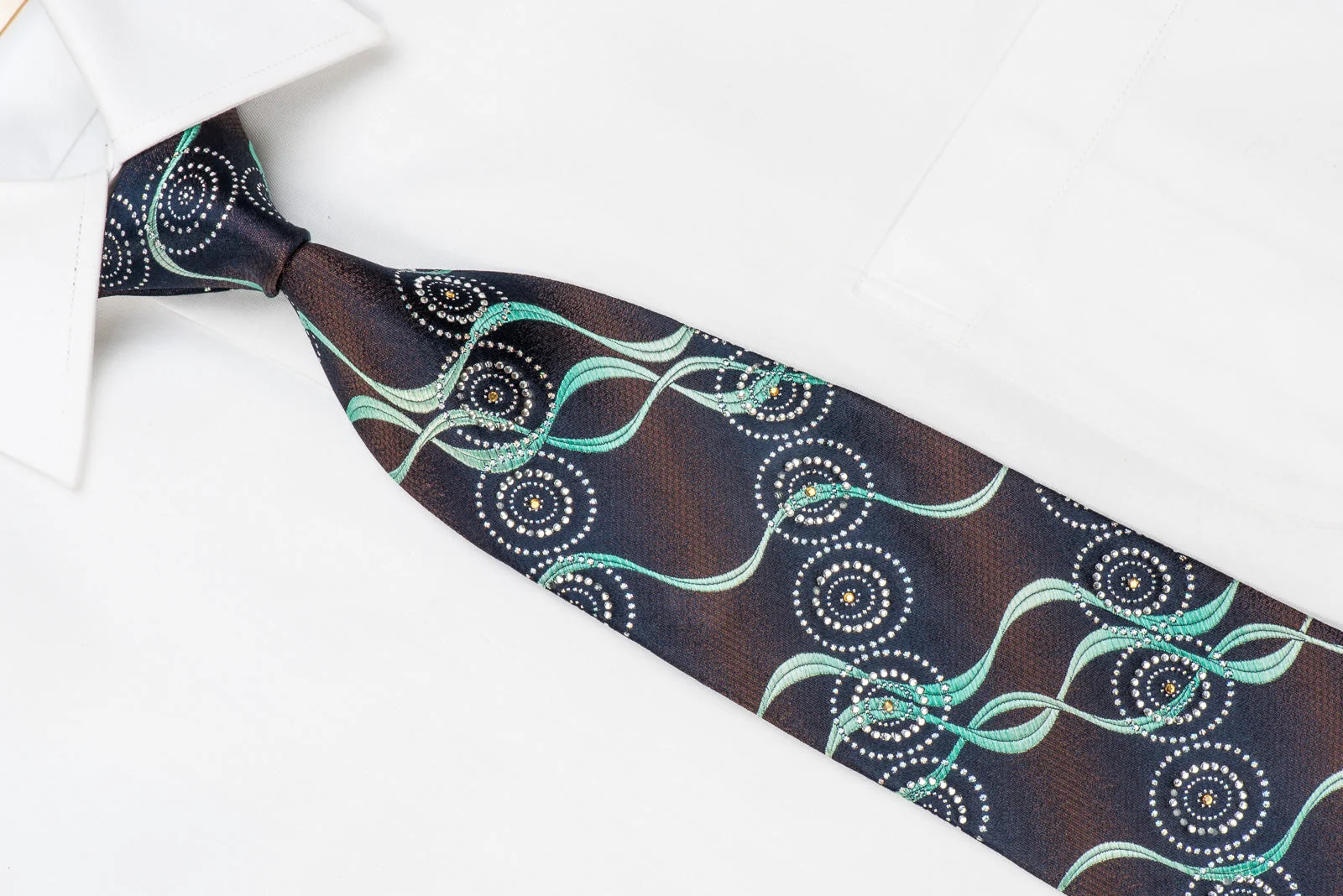 Renoma Men's Crystal Silk Necktie Turquoise Waves On Brown Navy With Silver Sparkles - Image 2