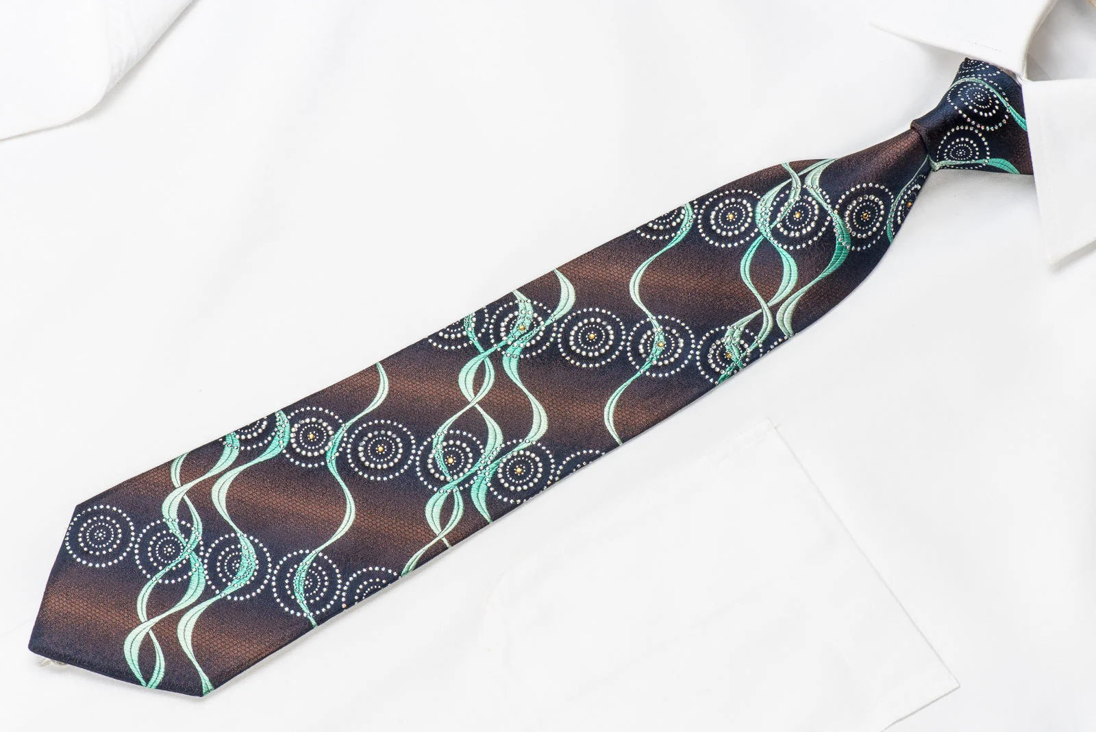 Renoma Men's Crystal Silk Necktie Turquoise Waves On Brown Navy With Silver Sparkles - Image 3