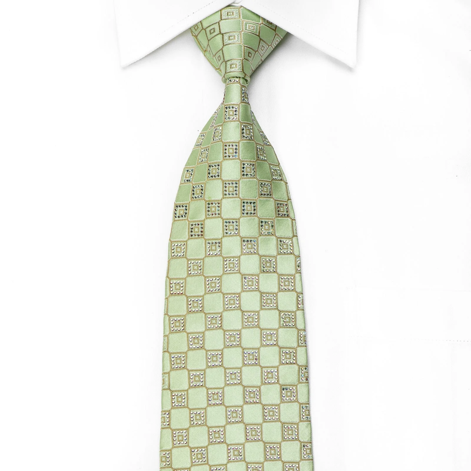 Renoma Men's Crystal Silk Tie Checkered On Light Green Sparkling With Rhinestones