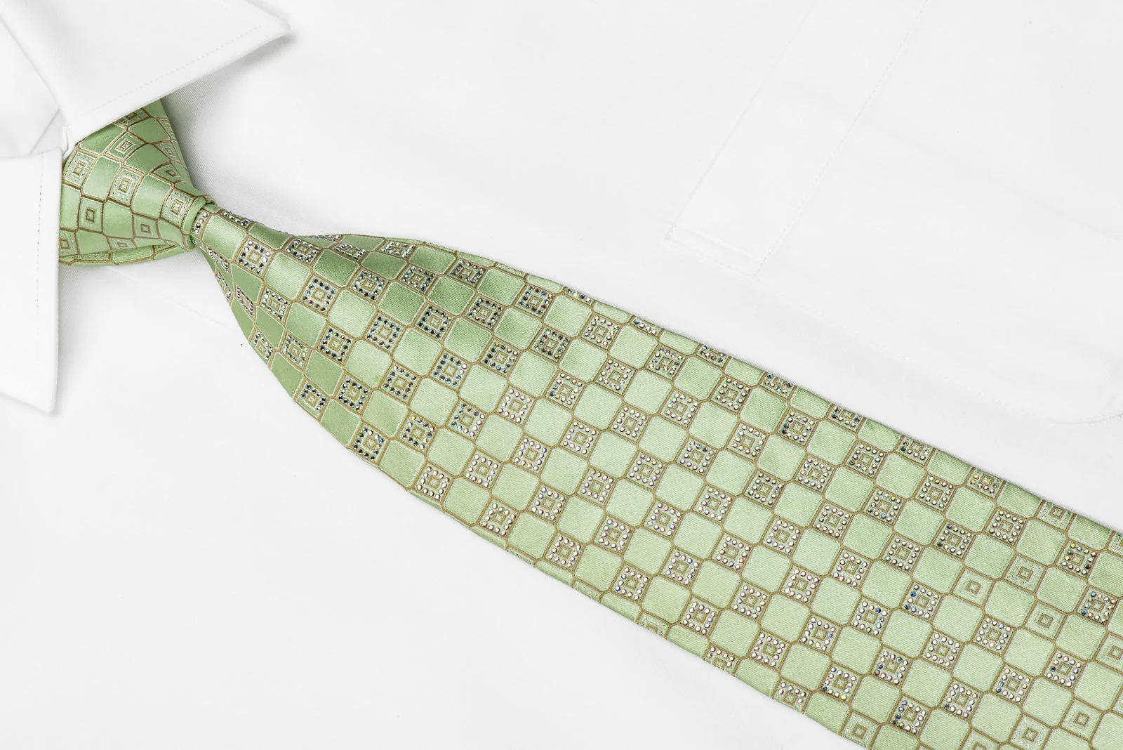 Renoma Men's Crystal Silk Tie Checkered On Light Green Sparkling With Rhinestones - Image 3