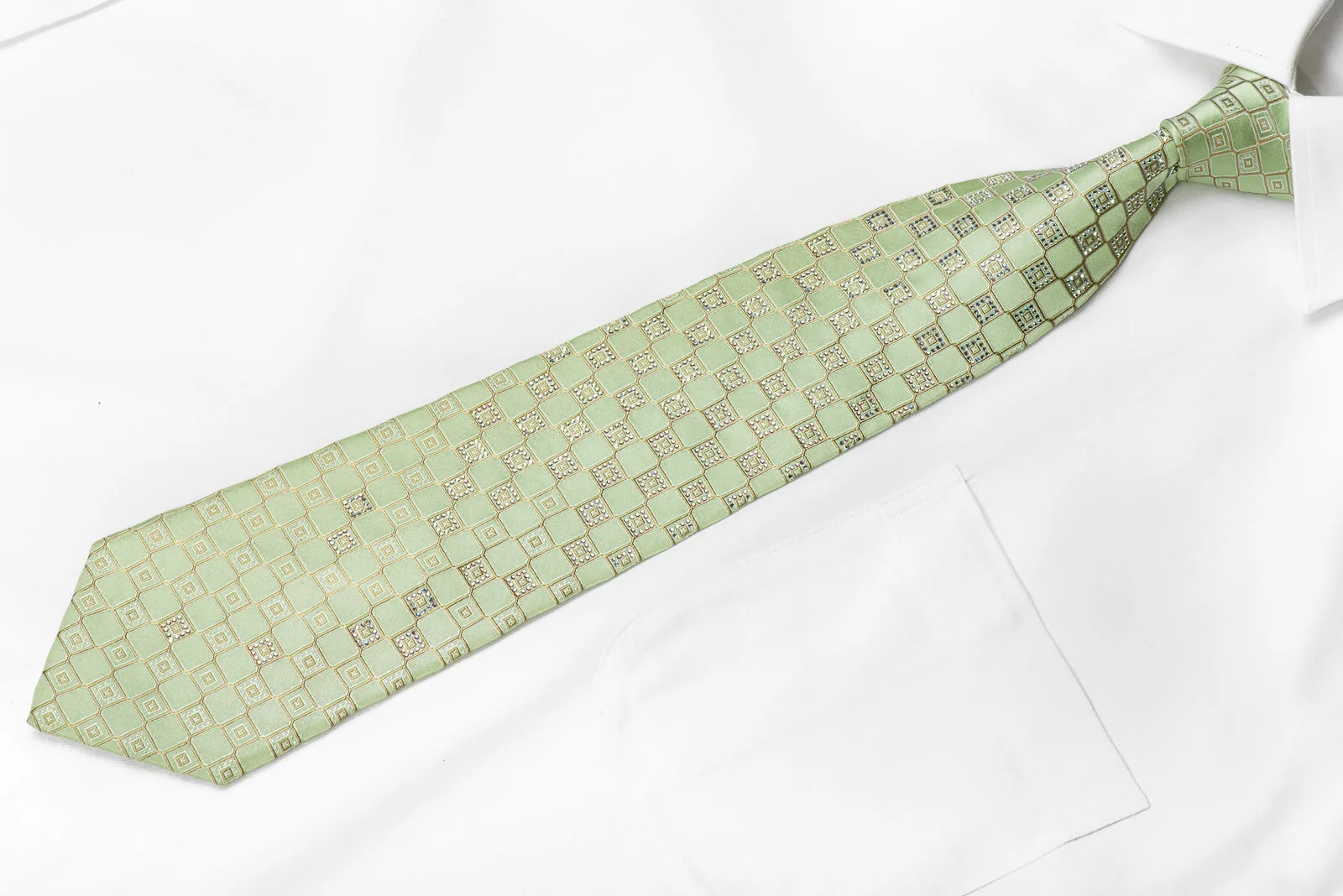 Renoma Men's Crystal Silk Tie Checkered On Light Green Sparkling With Rhinestones - Image 4