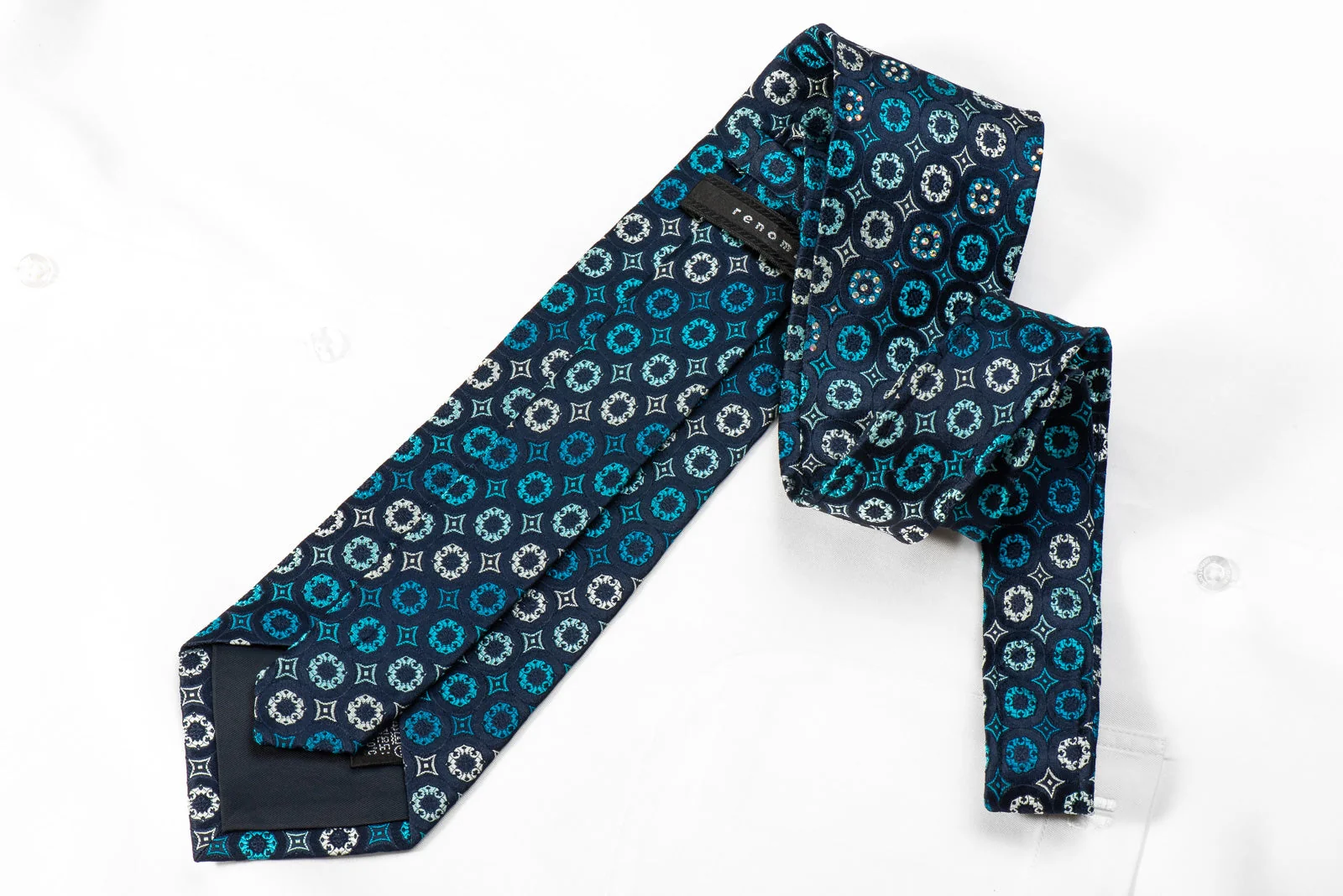 Renoma Men's Crystal Silk Tie Geometric On Navy Sparkling With Rhinestones - Image 4