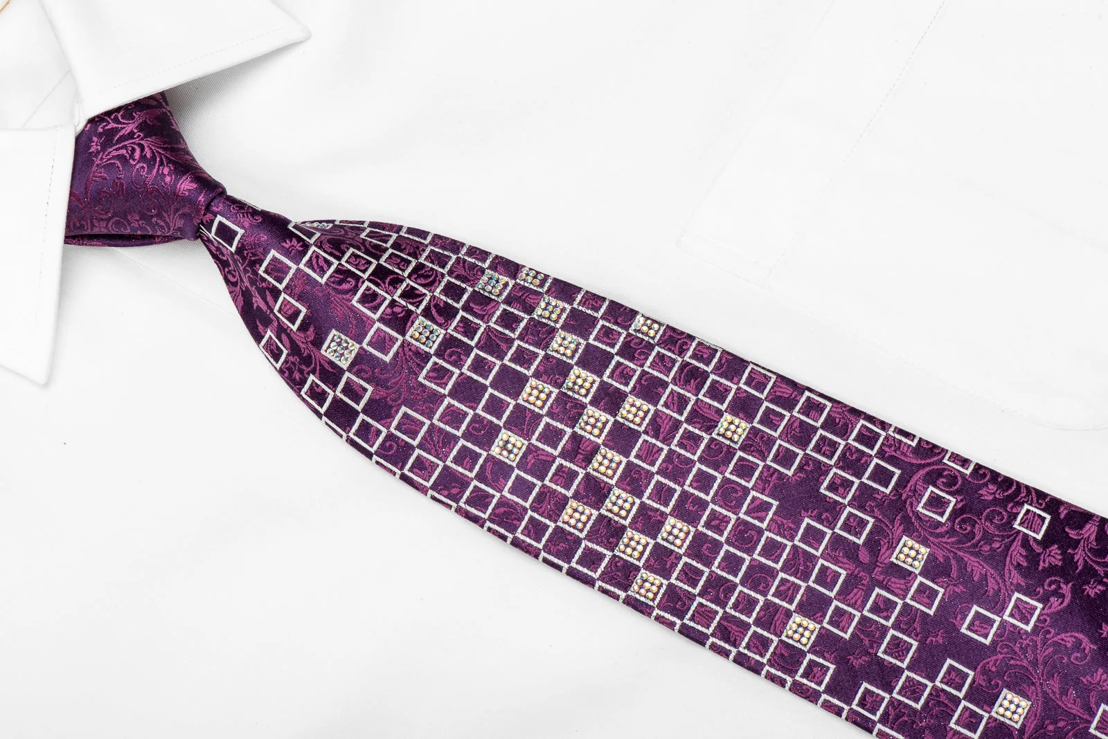 Renoma Men's Crystal Silk Tie Geometric Squares & Acanthus On Purple With Silver Sparkles - Image 2