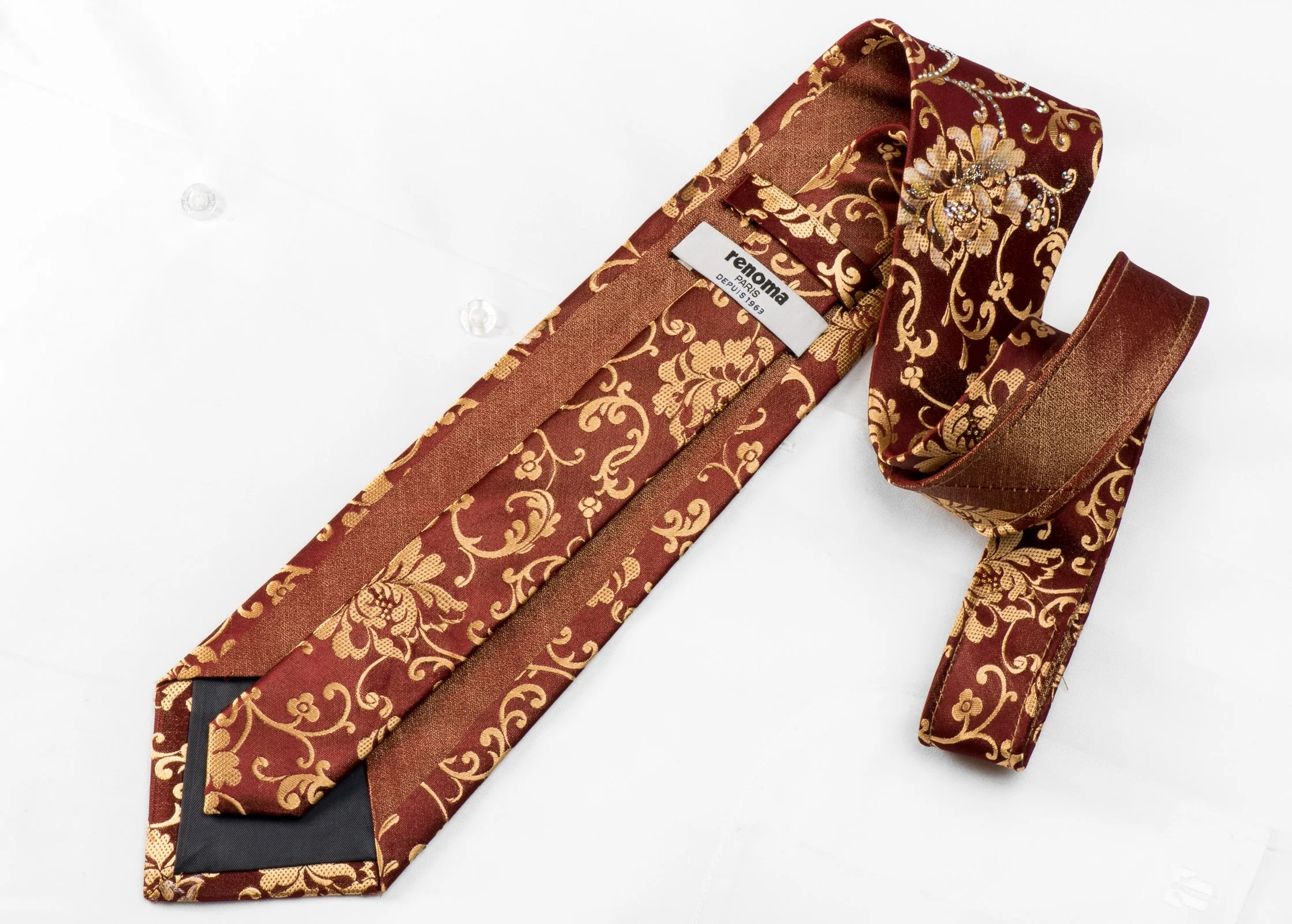 Renoma Men's Crystal Silk Tie Golden Floral On Brown With Sparkles - Image 6