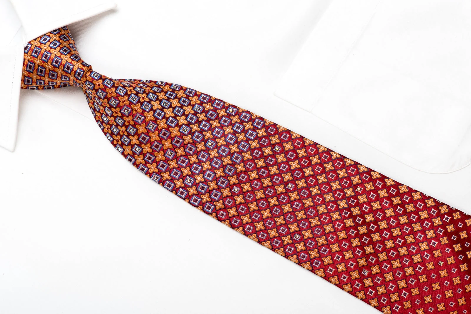 Renoma Men's Crystal Silk Tie Orange Geometric On Burgundy Sparkling With Rhinestones - Image 3