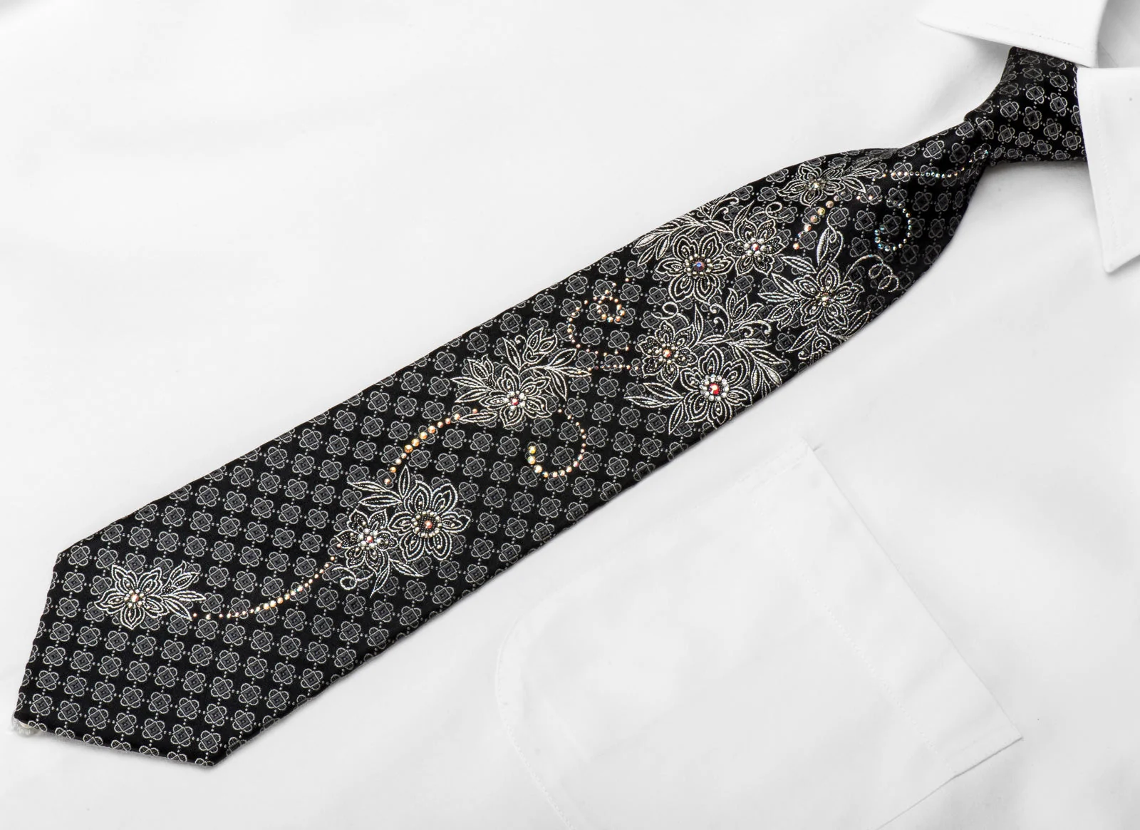 Renoma Men's Crystal Silk Tie Silver Floral On Black With Silver Sparkles - Image 5