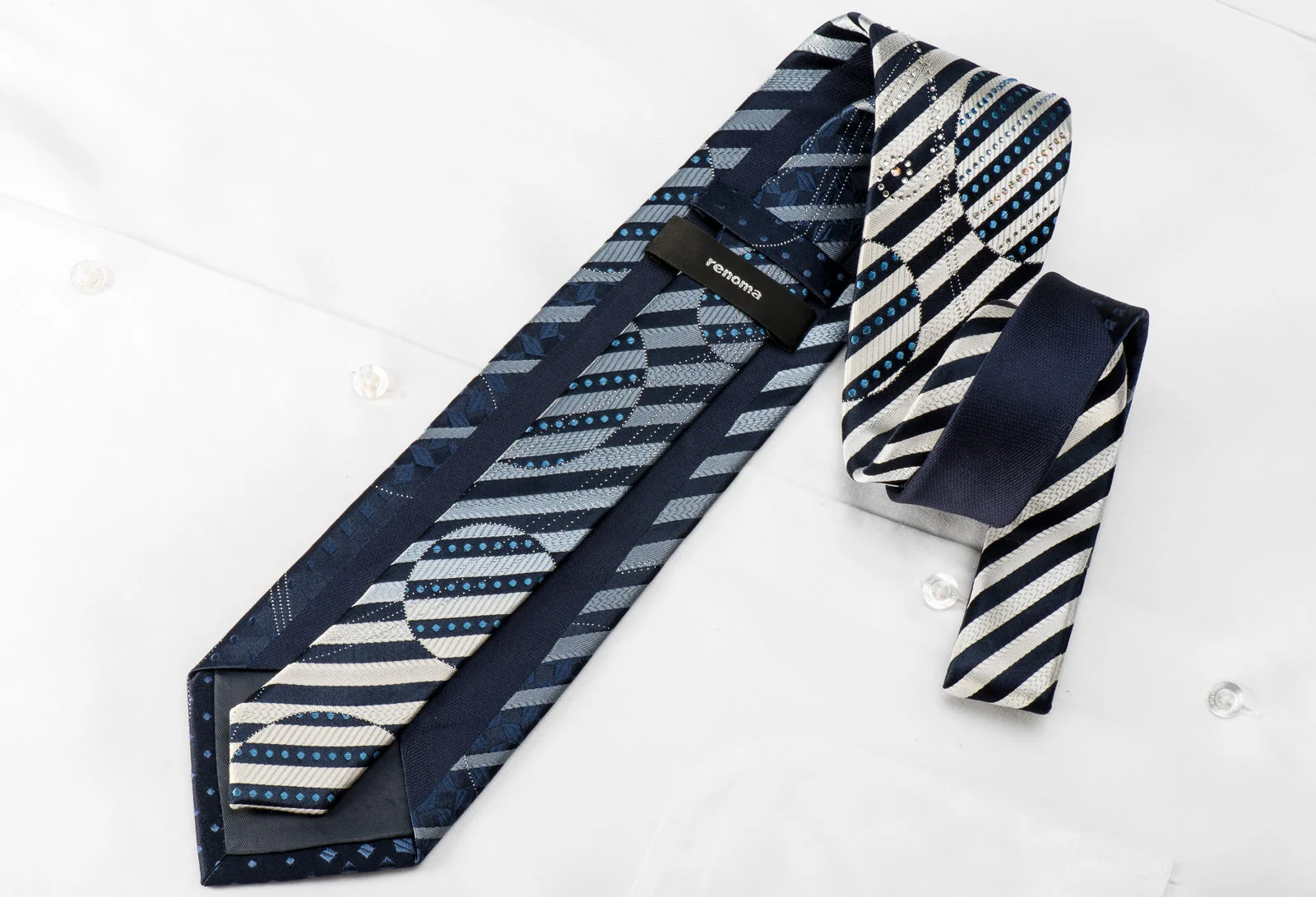 Renoma Men's Crystal Silk Tie Silver Navy Geometric & Striped With Silver Sparkles - Image 4