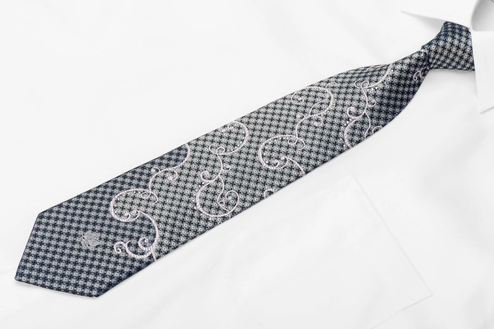 Renoma Men's Crystal Silk Tie Silver Scrolls On Silver Black With Sparkles - Image 2