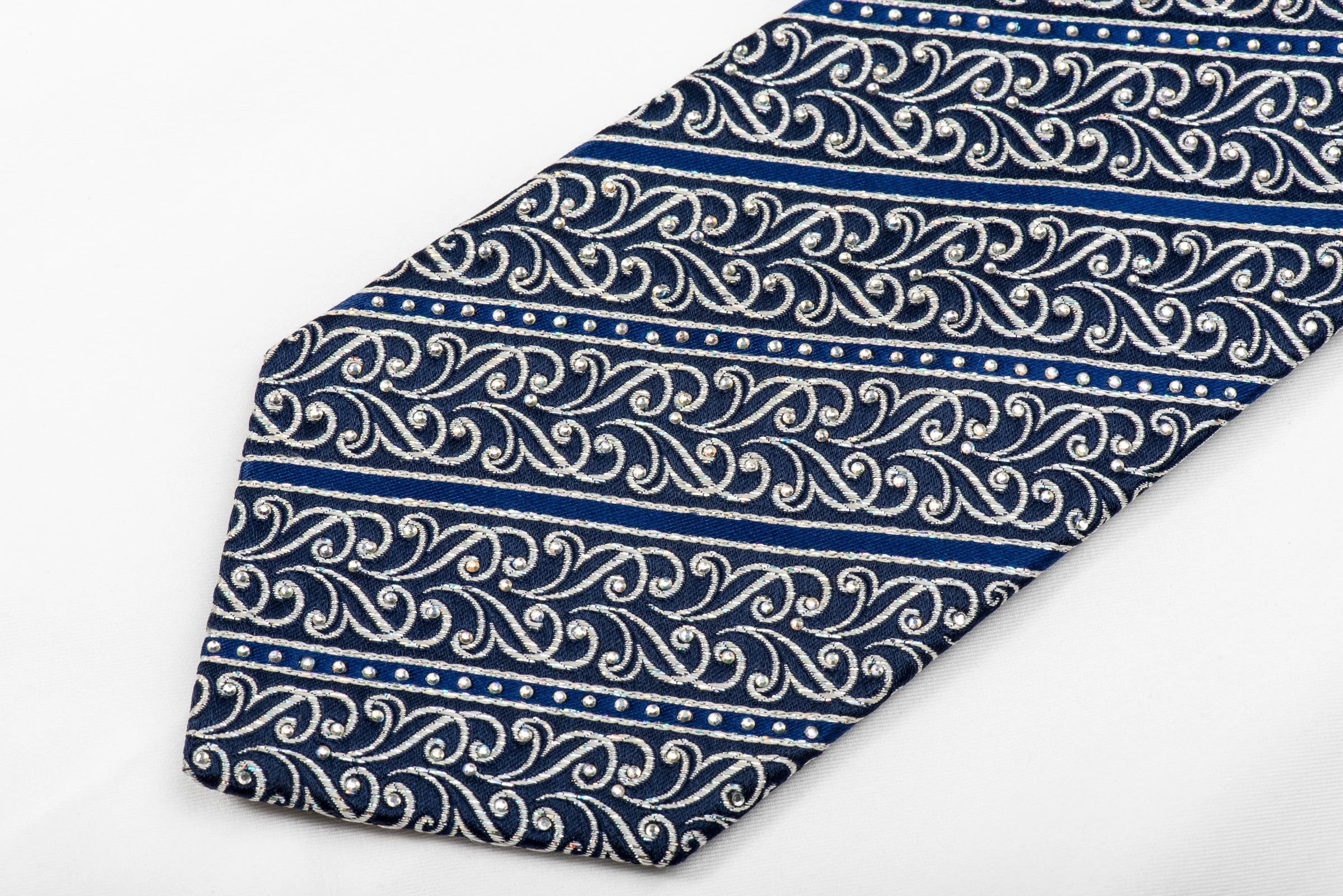 Renoma Men's Crystal Silk Tie Silver Scrolls & Stripes On Blue With Silver Sparkles - Image 3