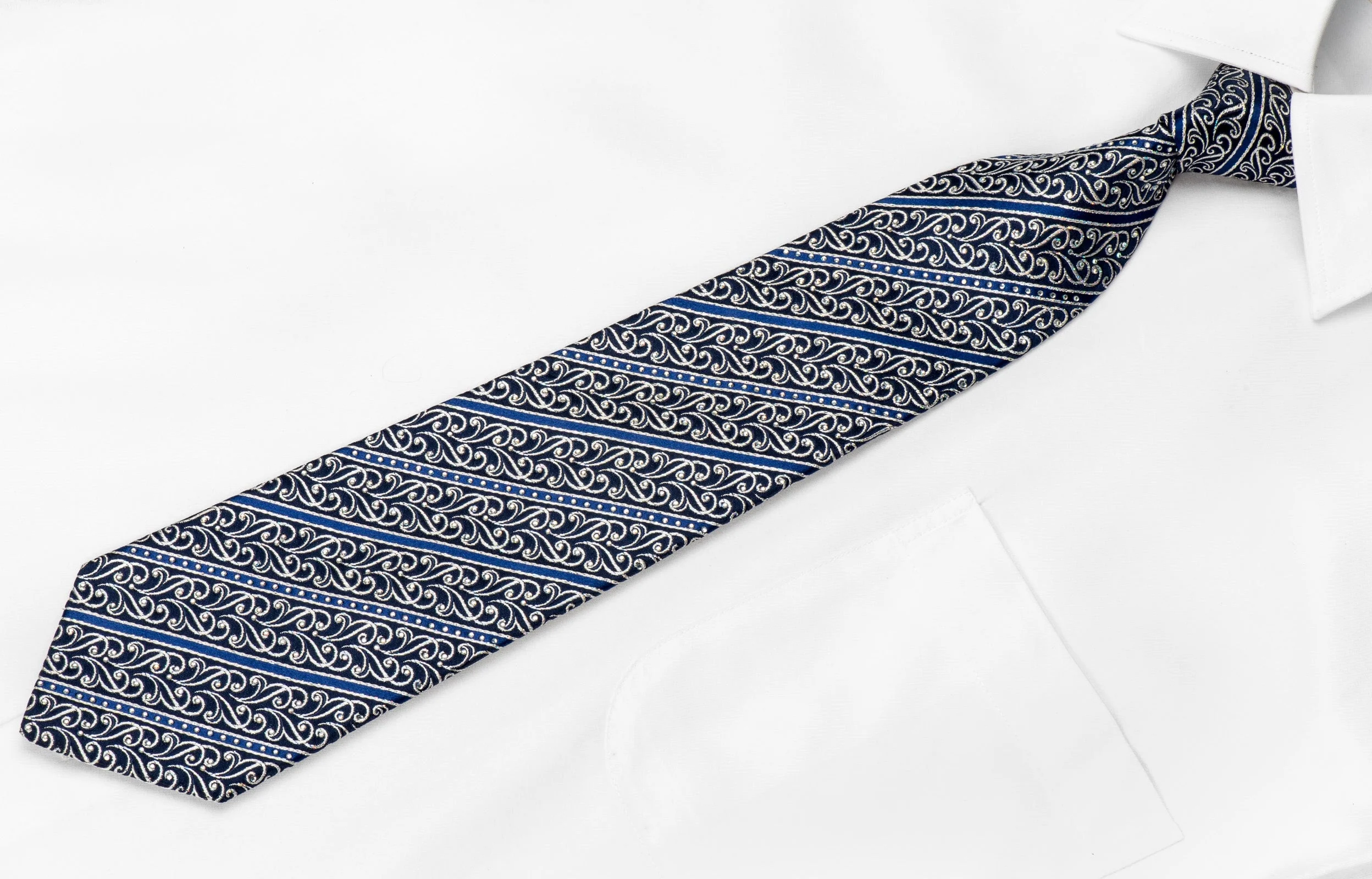 Renoma Men's Crystal Silk Tie Silver Scrolls & Stripes On Blue With Silver Sparkles - Image 4