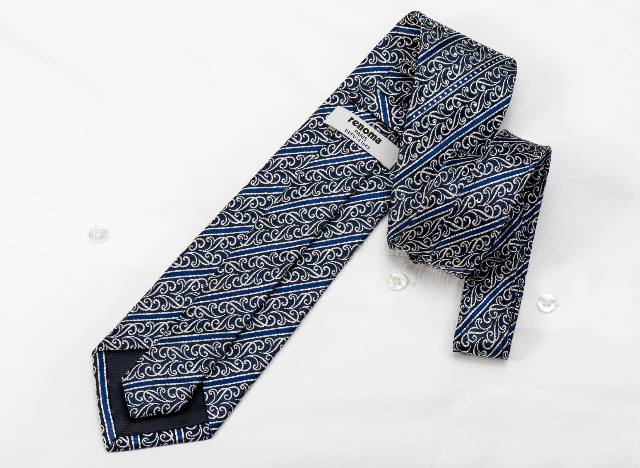 Renoma Men's Crystal Silk Tie Silver Scrolls & Stripes On Blue With Silver Sparkles - Image 5