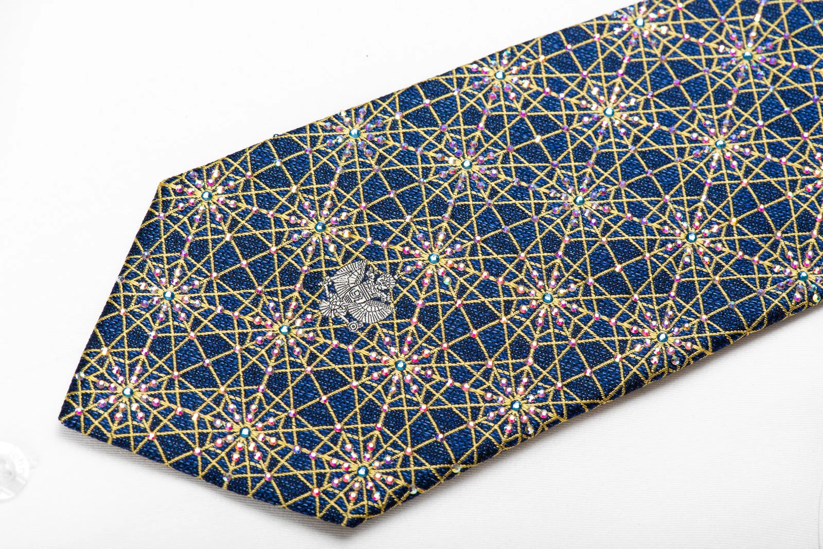 Renoma Men's Crystal Silk Tie Yellow Trellis On Blue Sparkling With Rhinestones - Image 2