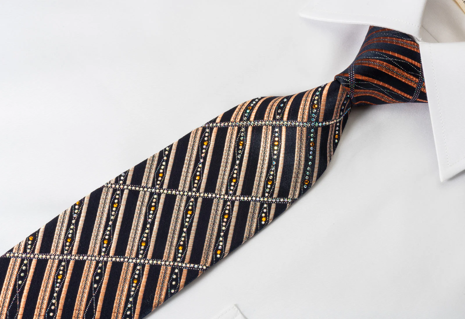 Renoma Men's Rhineston Silk Necktie Orange Black Striped With Silver Sparkles - Image 5