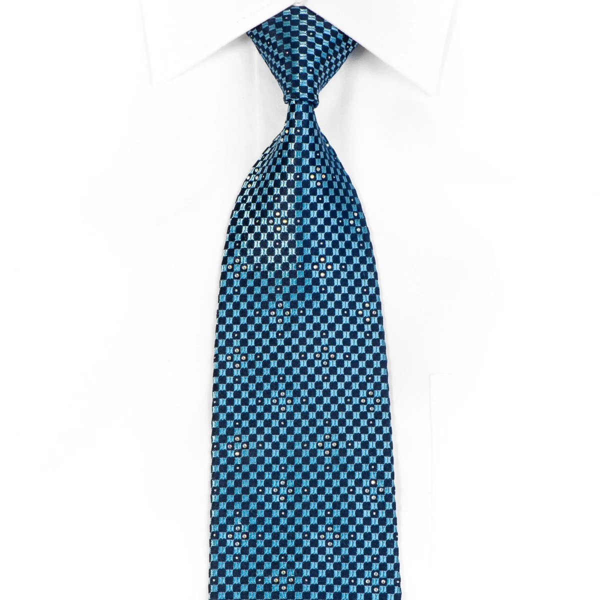 Renoma Men's Rhinestone Necktie Blue Checkered With Silver Sparkles