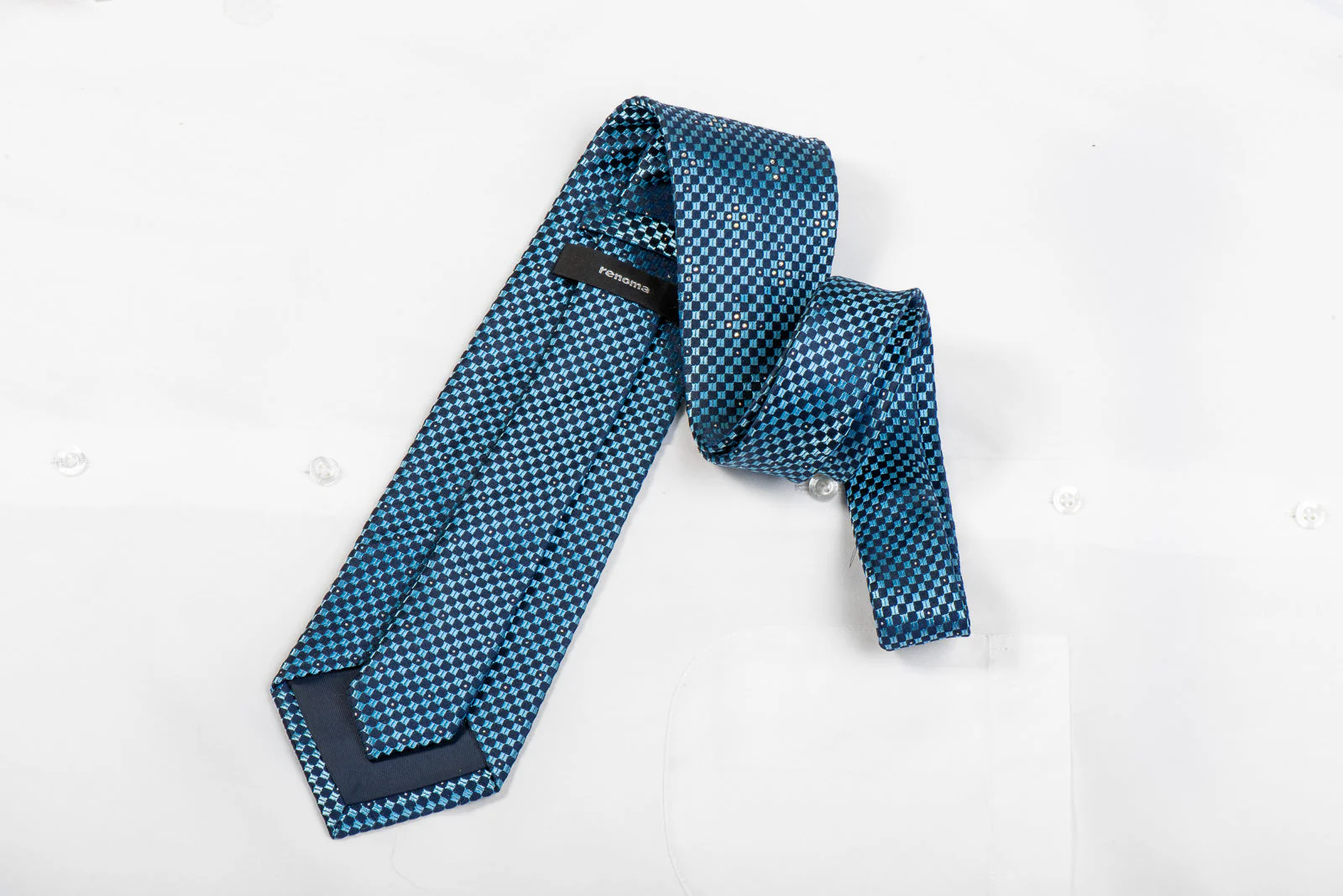 Renoma Men's Rhinestone Necktie Blue Checkered With Silver Sparkles - Image 4