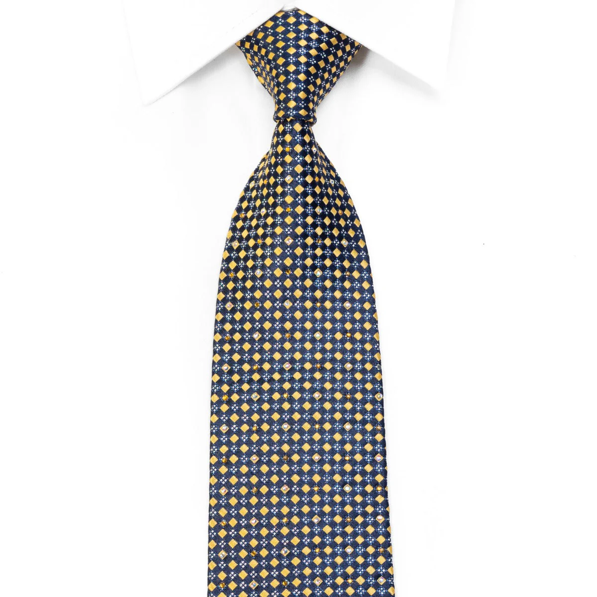 Renoma Men's Rhinestone Necktie Gold Checkered On Navy With Silver Sparkles