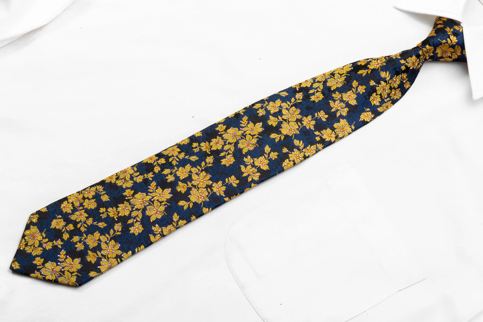 Renoma Men's Rhinestone Necktie Golden Floral On Black - Image 3