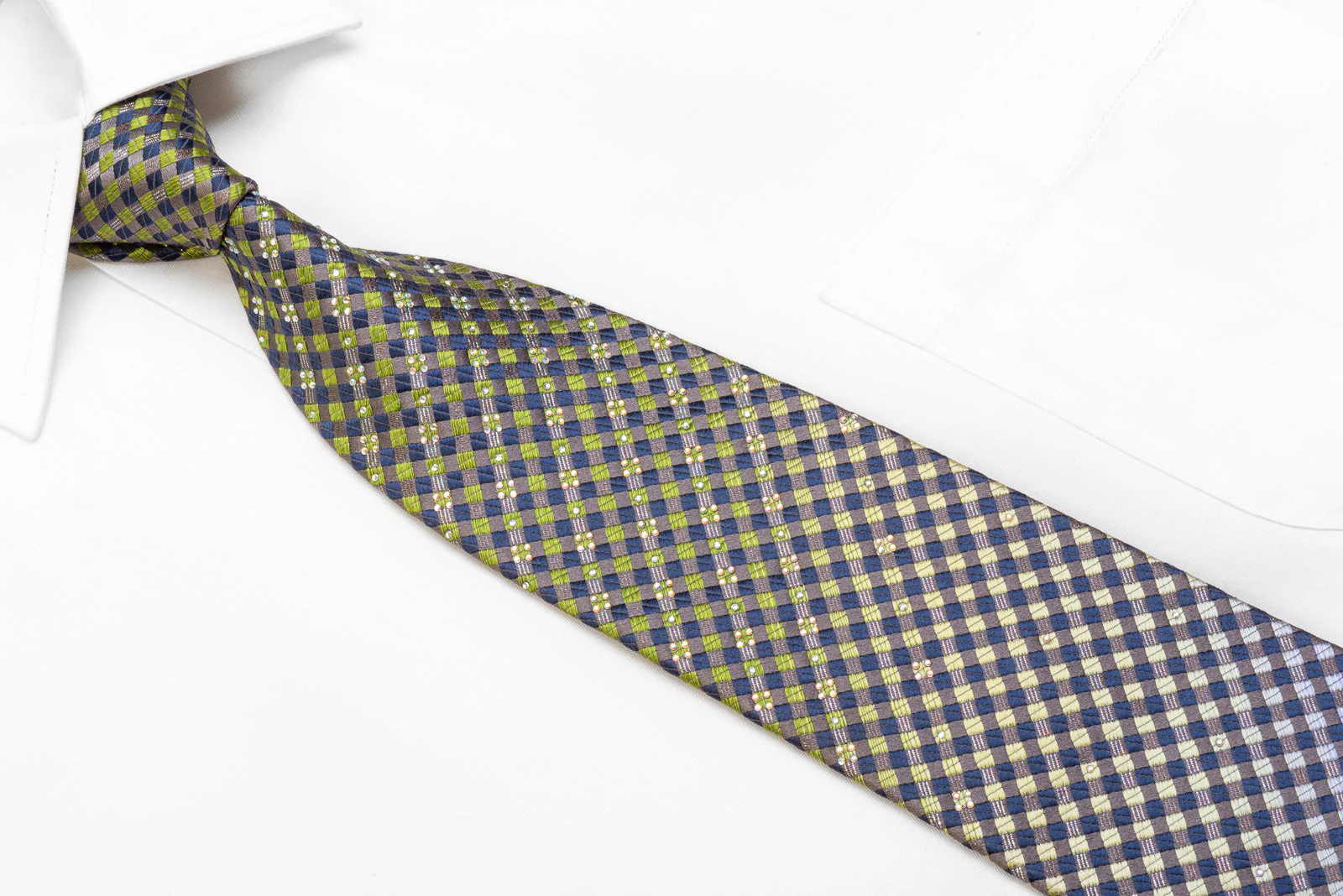 Renoma Men's Rhinestone Necktie Green Brown Checkered With Silver Sparkles - Image 2