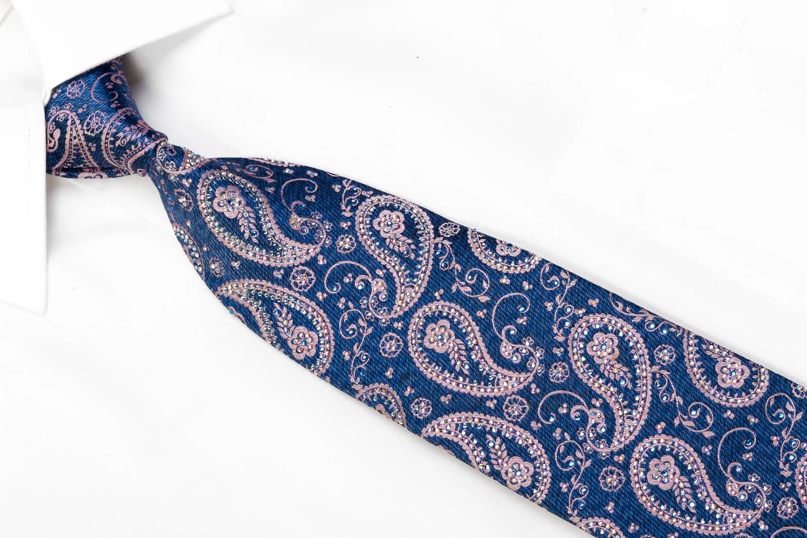 Renoma Men's Rhinestone Necktie Pink Paisley On Dark Blue Silk - Image 2
