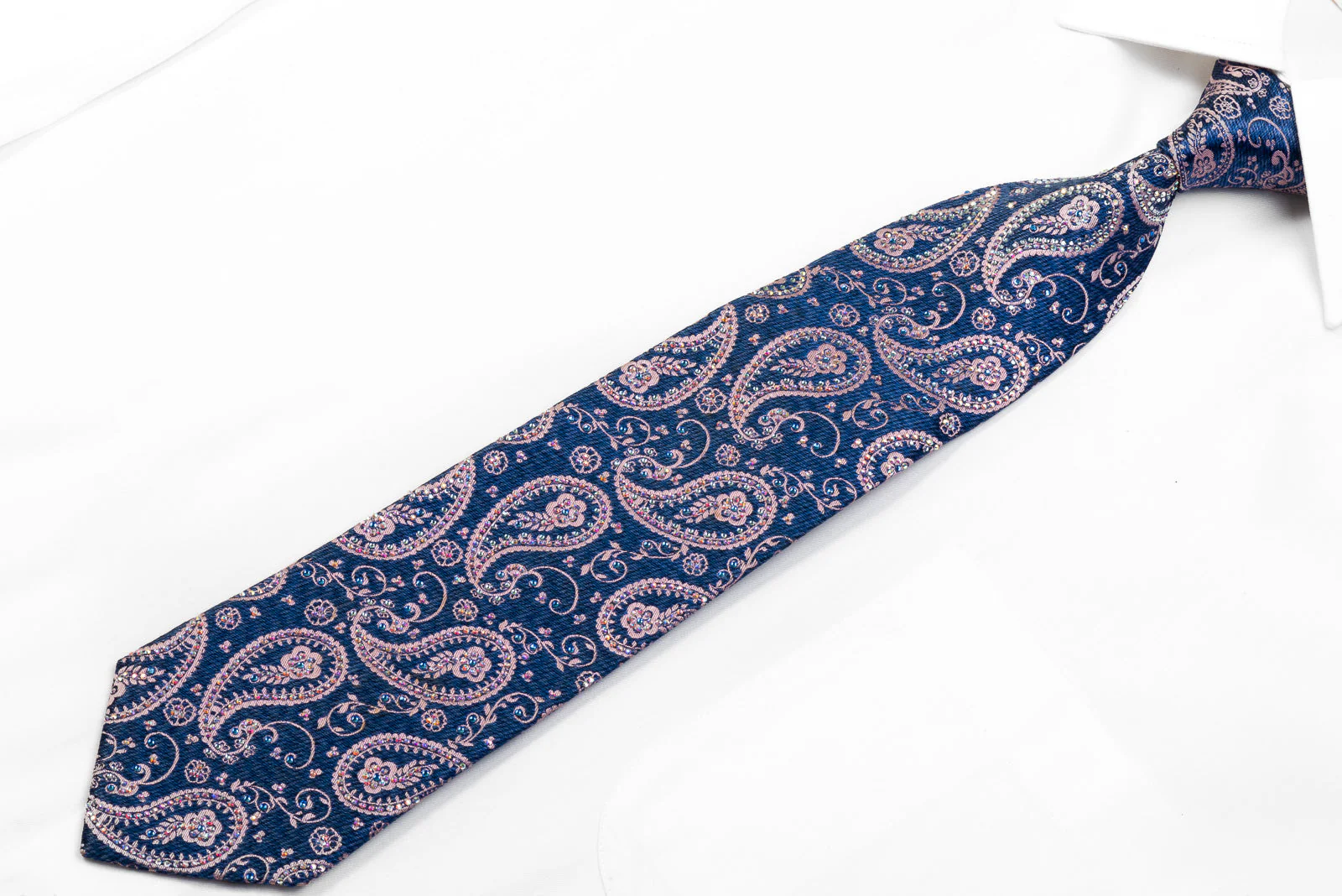 Renoma Men's Rhinestone Necktie Pink Paisley On Dark Blue Silk - Image 3