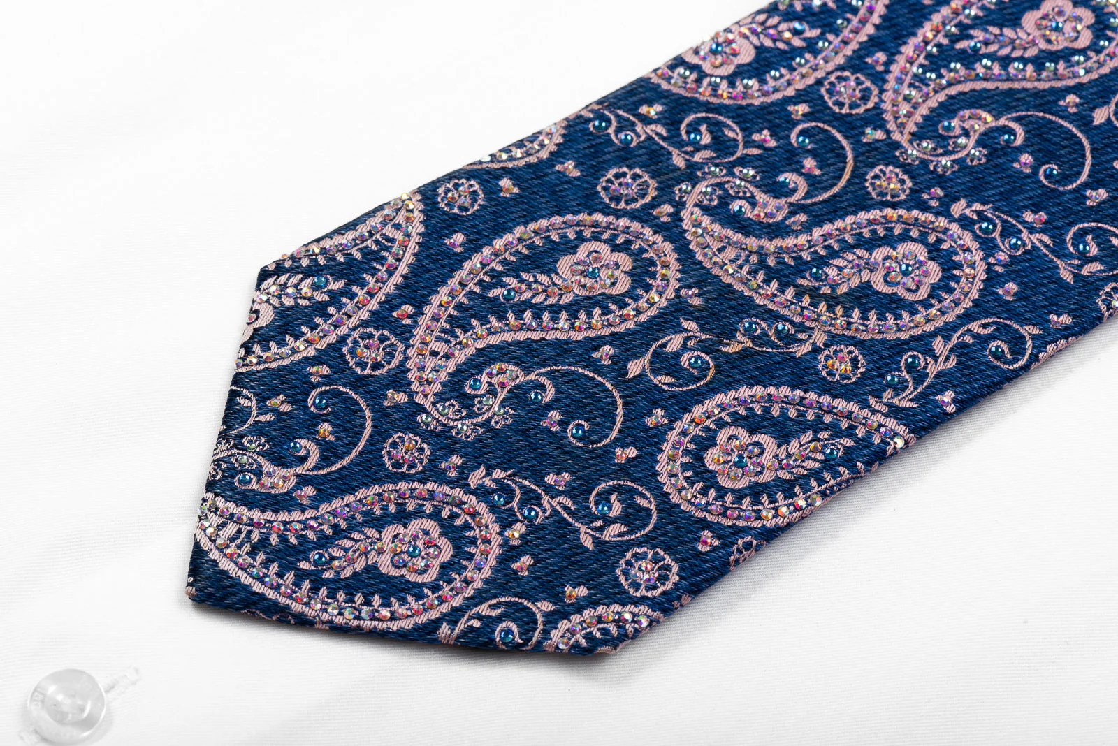 Renoma Men's Rhinestone Necktie Pink Paisley On Dark Blue Silk - Image 4